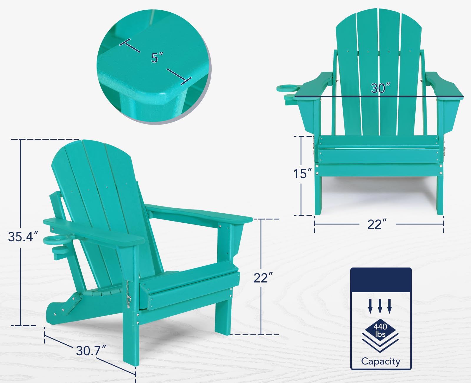 Foldable Plastic Adirondack Chair - Weatherproof Outdoor Stackable Patio Chair with Cup Holder for Deck, Garden, Poolside & Backyard (21.6