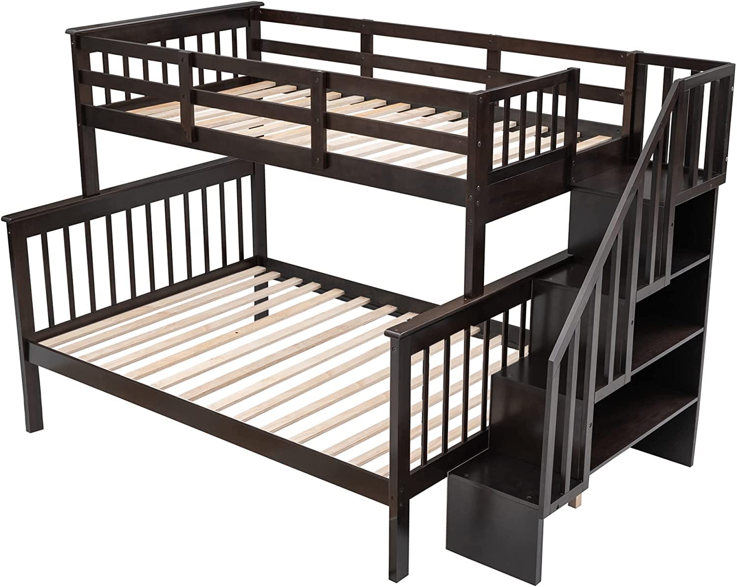 **CITYLIGHT Twin Over Full Wooden Bunk Bed with Stairs & Storage Shelves - Convertible to 2 Separate Beds - Espresso Finish - Perfect for Kids Bedroom, Dorm, Guest Room & Small Spaces**