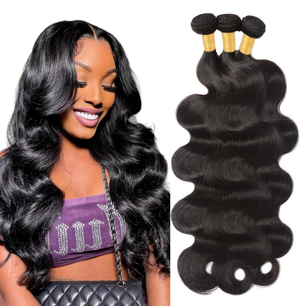 12A 100% Unprocessed Brazilian Virgin Human Hair Bundles - 18/20/22 Inch Body Wave Hair Extensions (3 Bundles) - Natural Black for Women | Perfect for Daily Styling, Parties & Special Occasions
