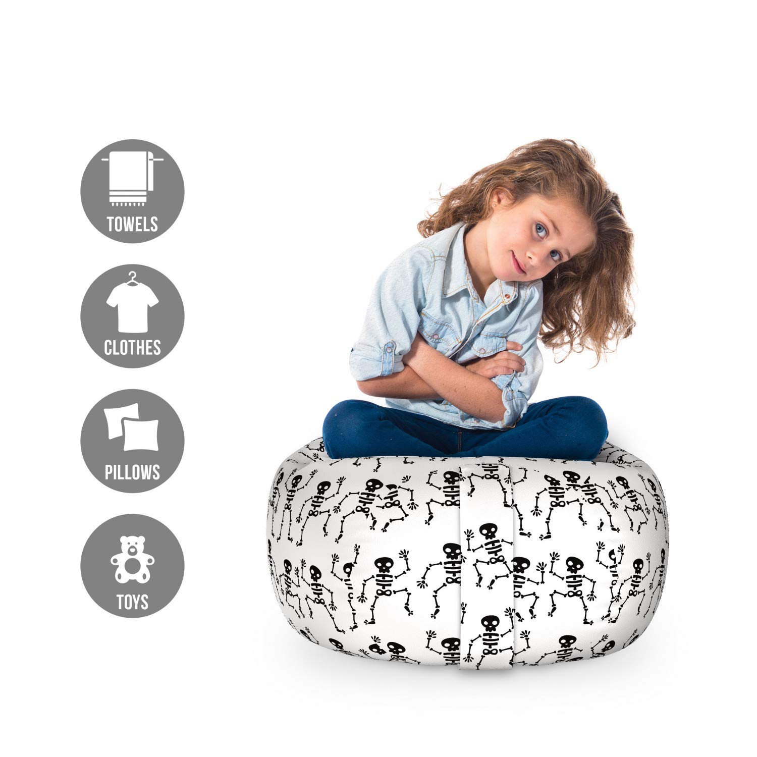 Ambesonne Funny Dancing Skeletons Storage Toy Bag Chair - Washable Stuffed Animal Organizer, Small Size Charcoal Grey & White - Perfect for Kids' Room, Playroom & Toy Organization