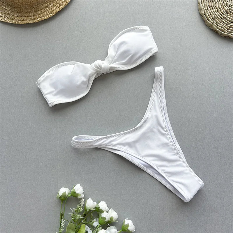 Women's High Cut Bikini Set 2024 - Brazilian Knotted Bandeau & Cheeky Bottoms Swimwear | Sexy Two Piece Bathing Suit for Beach, Pool & Vacation