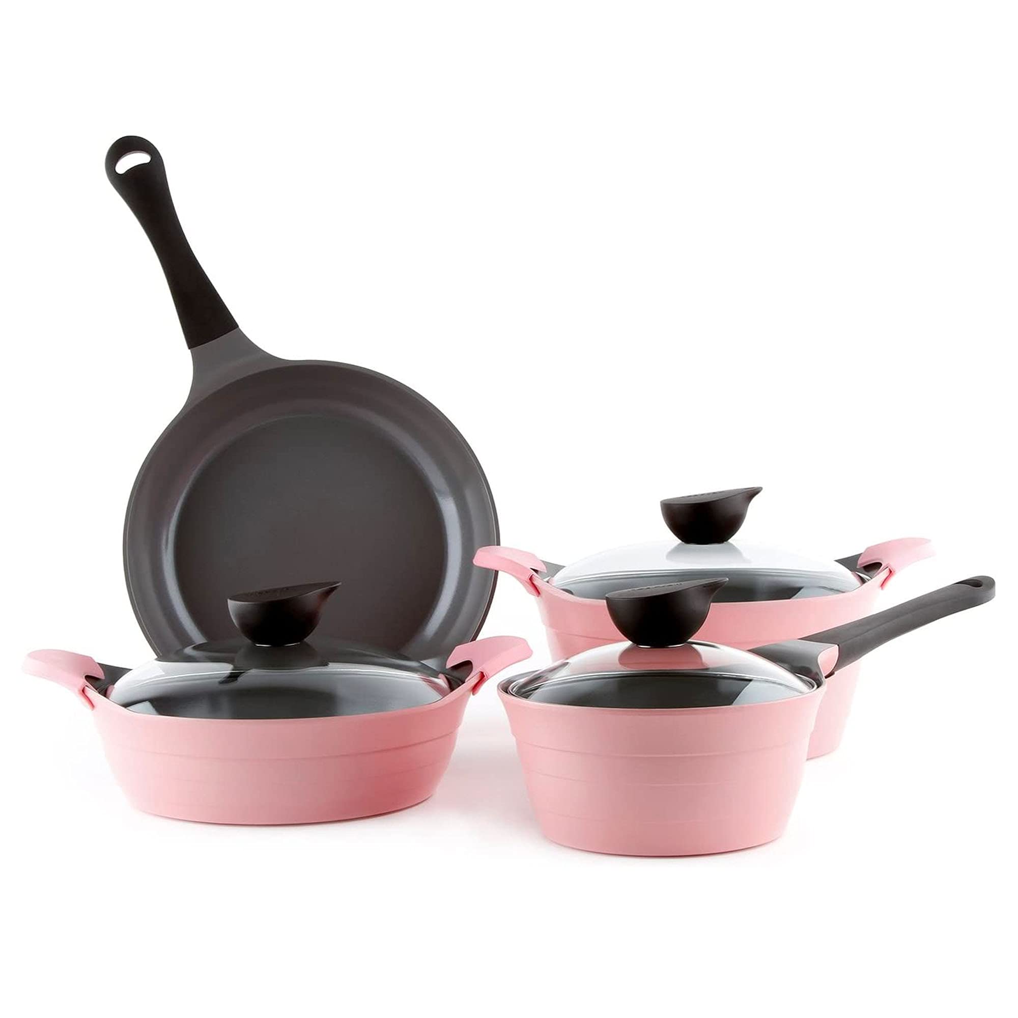 Neoflam Eela 7-Piece Ceramic Coated Nonstick Cookware Set - Saucepan, Frying Pan, Casserole Stockpot with Glass Lids & Silicone Handle Holder - Healthy Cooking for Family Meals, Stir-Fry & Baking