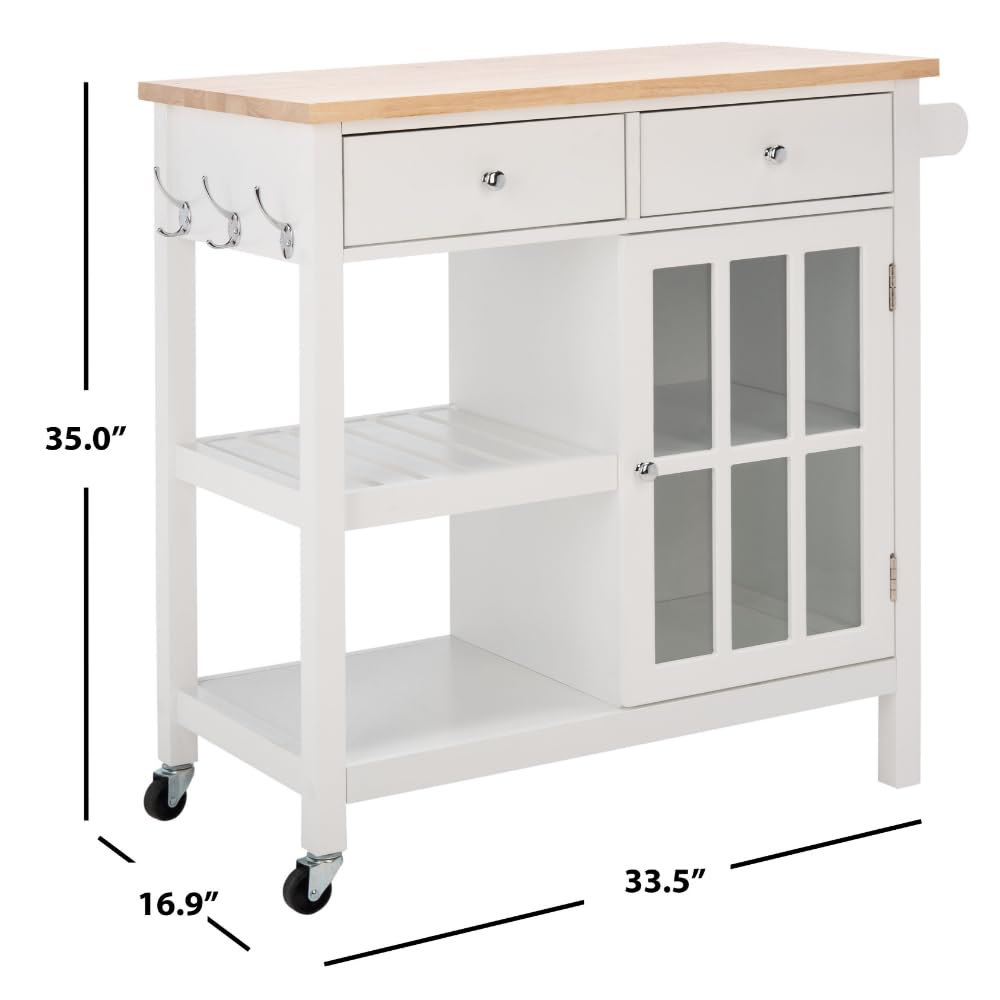 SAFAVIEH Locklyn White/Natural 2-Drawer Rolling Kitchen Cart with Wheels - Mobile Storage Trolley for Small Spaces, Pantry Organization & Kitchen Island Extension