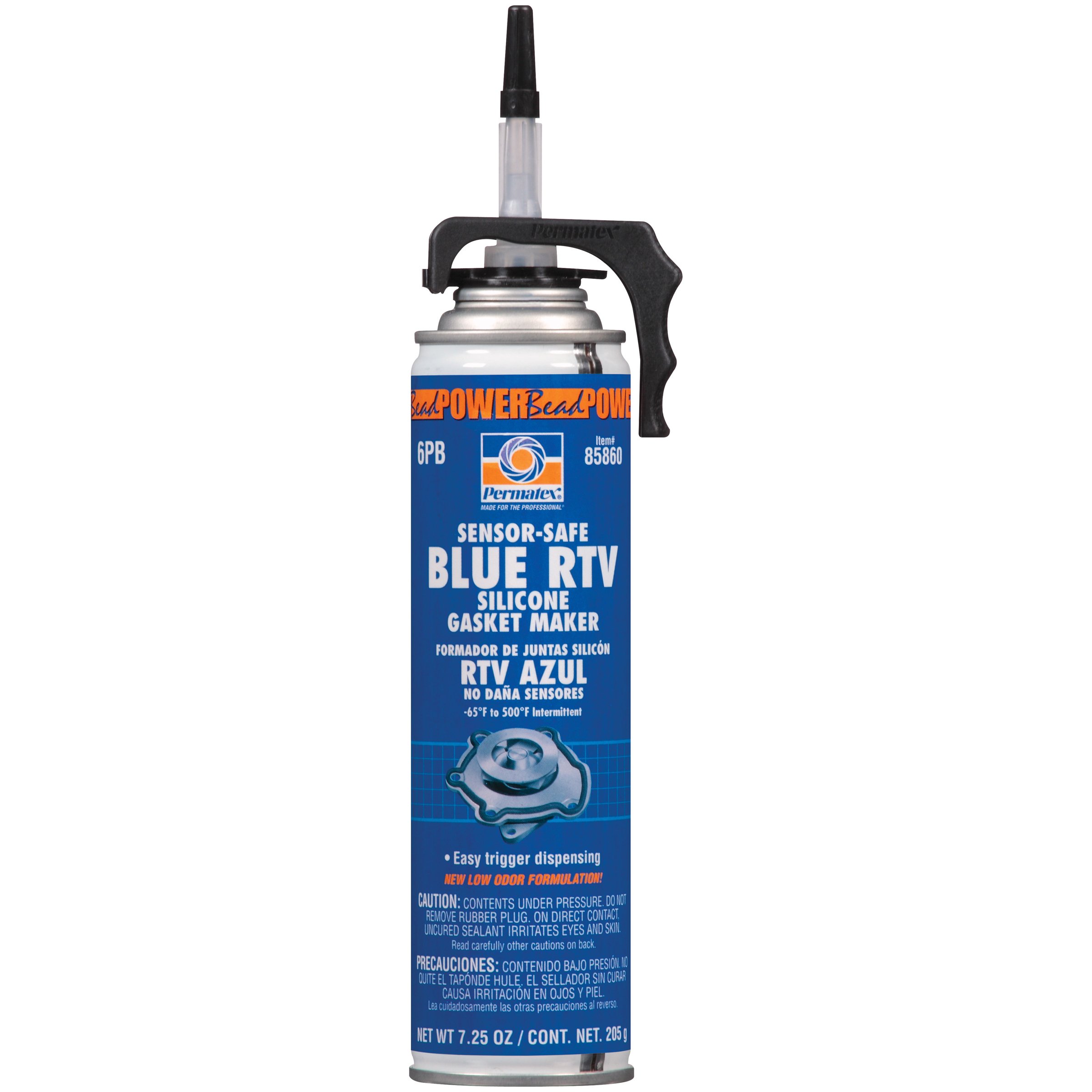 Permatex 85860 Sensor-Safe Blue RTV Silicone Gasket Maker - 7.25 oz. PowerBead Can - High-Temperature Sealant for Automotive Engines, Transmissions & Marine Applications