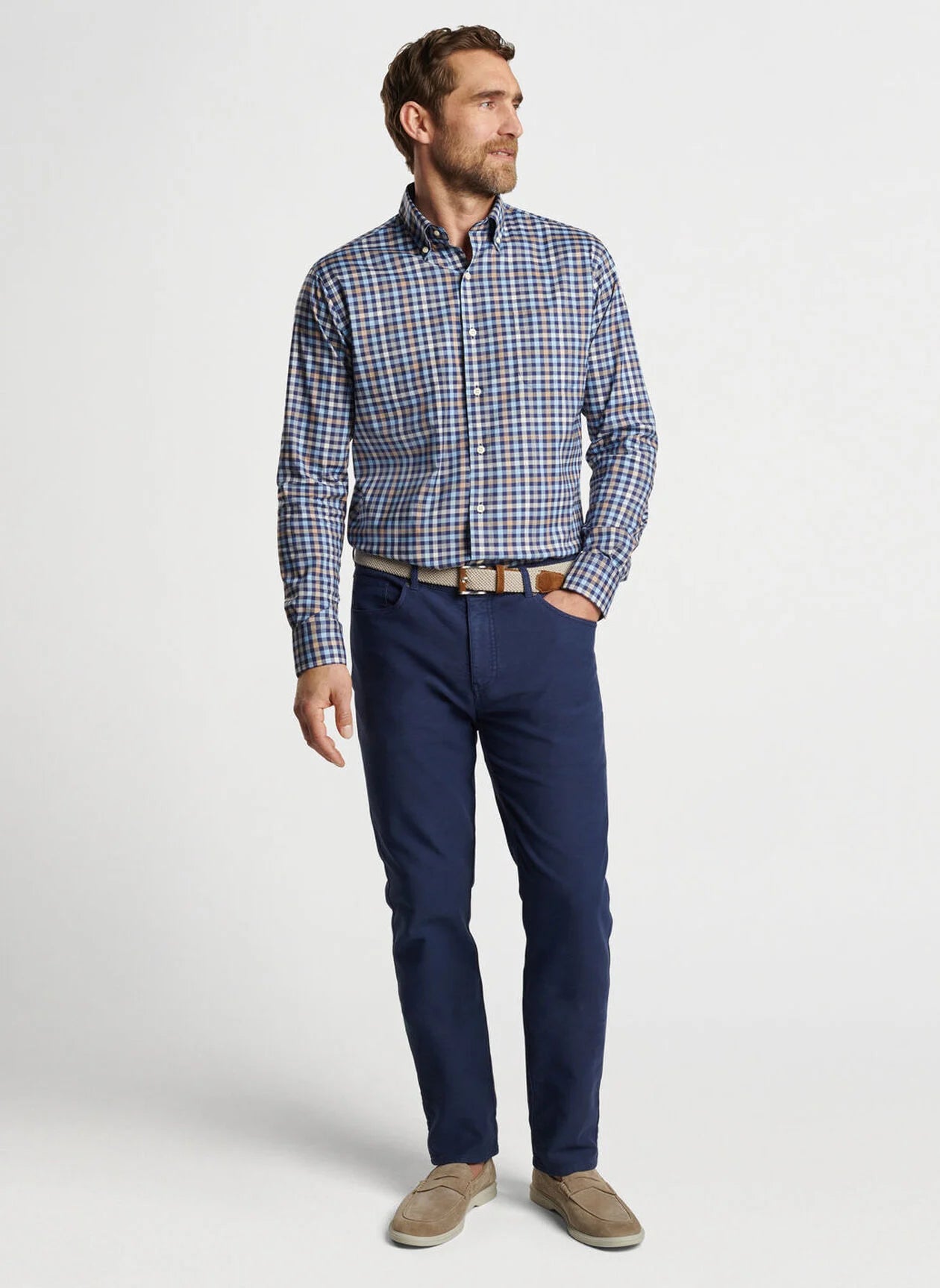 PETER MILLAR Men's Navy Long Sleeve Button Down Shirt - Premium Cotton Dress Shirt for Business Casual & Office Wear