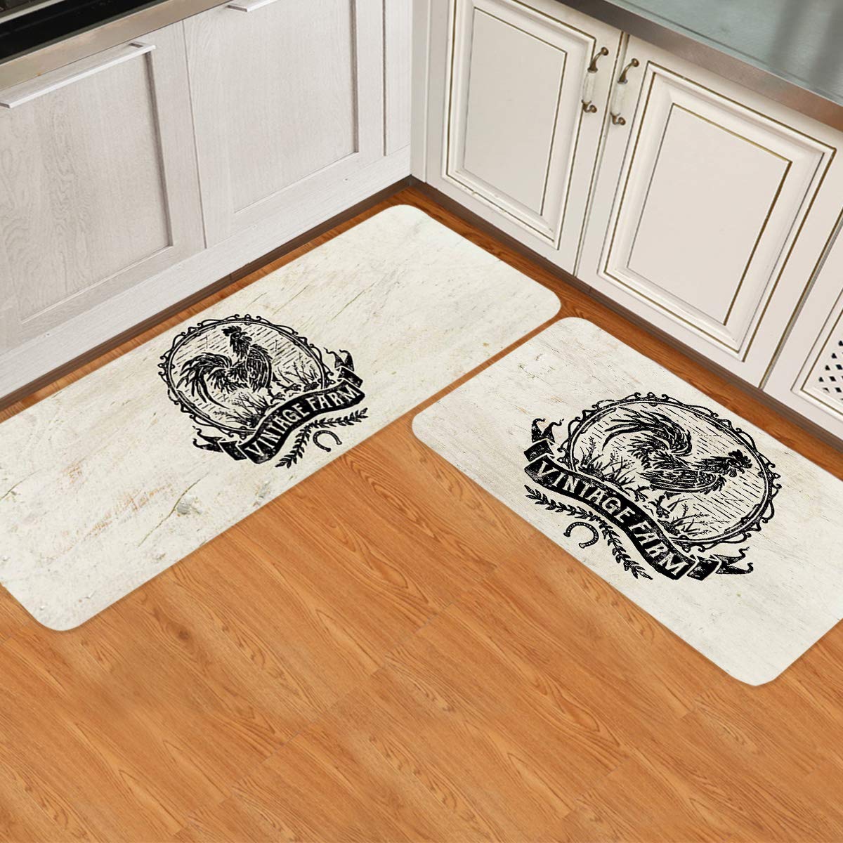 Vintage Farmhouse Kitchen Mats - 2 Piece Cushioned Anti-Fatigue Floor Mats with Non-Slip Backing, Waterproof Wood Grain Design for Standing Comfort - Perfect for Farmhouse Decor, Coffee Bars & Rustic Kitchens