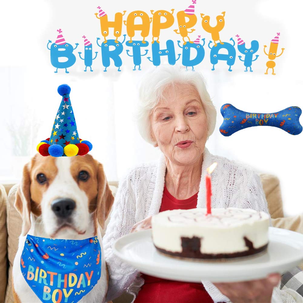 Dog Birthday Bandana & Toy Set - Blue Pet Party Supplies for Large Dogs | Cute Bone Design Bandana, Scarf & Bib Accessories | Perfect for Birthday Celebrations, Photo Shoots & Special Occasions