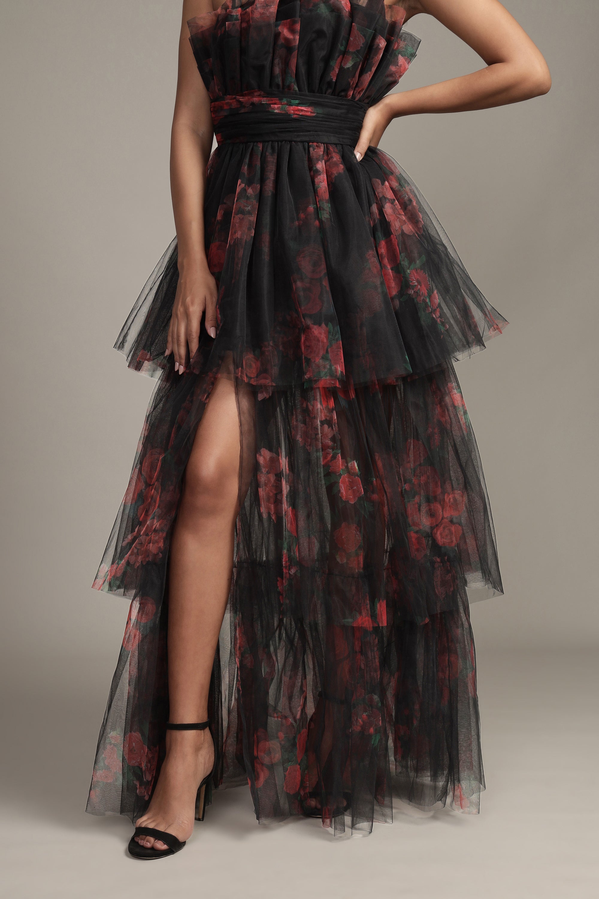 Natalia Black and Red Floral Tulle Maxi Dress for Women - Elegant Evening Gown for Weddings, Parties & Special Occasions