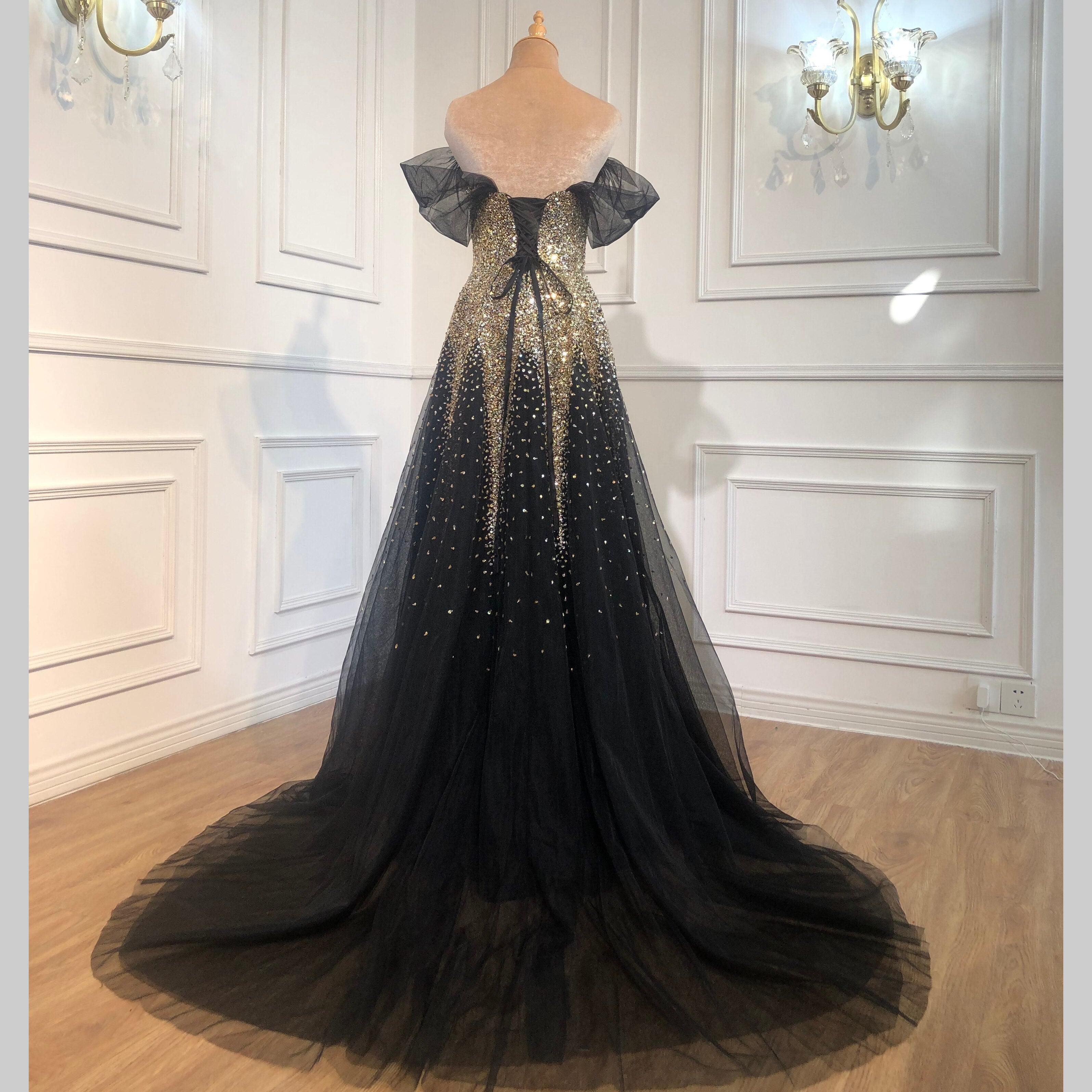 Serene Hill Luxury Black Gold A-Line Evening Gowns for Women 2025 - Sparkle Beaded Sexy Party Dresses for Prom, Gala & Special Occasions - LA70838
