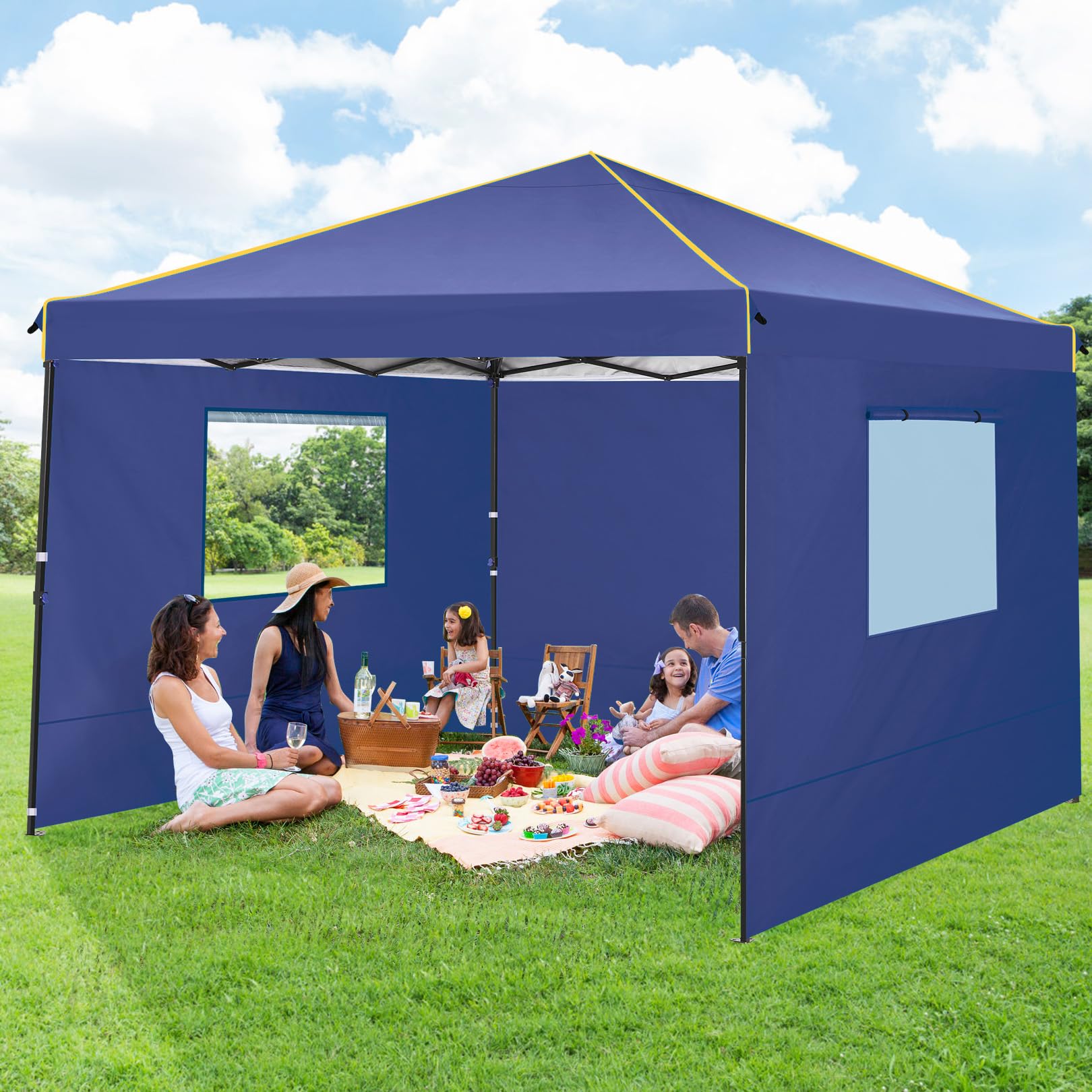 COBIZI 10x10 Pop Up Canopy Tent with 4 Removable Sidewalls 2.0 - Waterproof Instant Gazebo for Outdoor Events, Parties, Exhibitions & Picnics - Includes Carry Bag, 4 Stakes & Ropes (Deep Blue) - Perfect for Backyard BBQs, Farmers Markets, Beach Outings & Camping