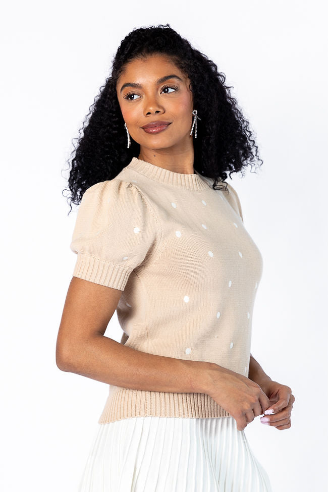 Polka Dot Short Sleeve Sweater for Women - Soft Taupe & Ivory Knit Top | Cozy Casual Wear for Spring & Fall | Perfect for Office, Dates & Weekend Outings