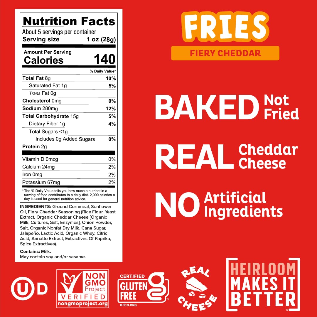Pipcorn Heirloom Baked Fiery Cheddar Fries - 5oz 6 Pack - Gluten Free, Vegan, Non-GMO Healthy Snacks Made with Upcycled Heirloom Corn Flour | Perfect for Parties, Movie Nights & On-the-Go Snacking