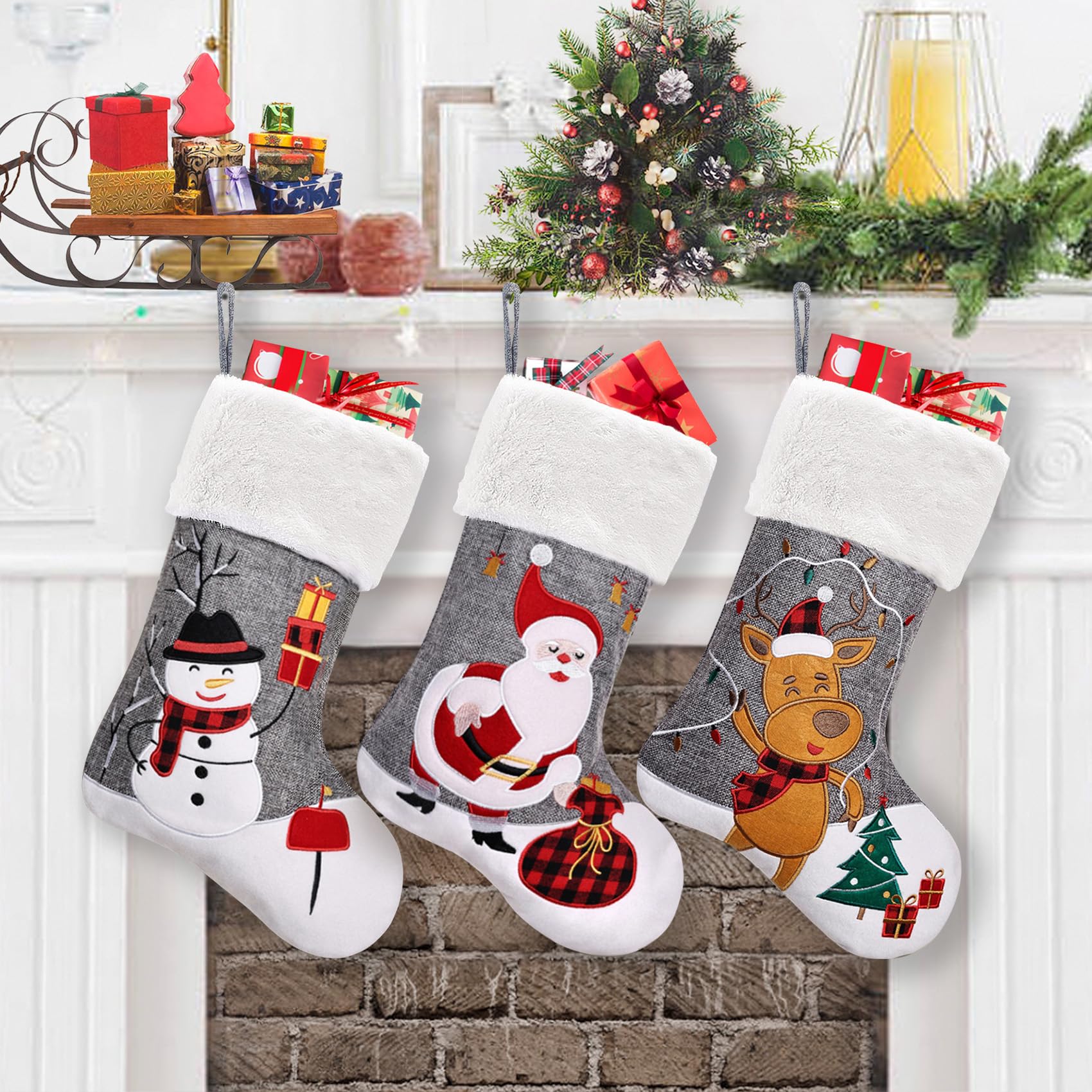 CARAKNOTS 3-Pack Grey Burlap Christmas Stockings with Embroidery Applique - Santa, Snowman & Elk Designs, Faux Fur Trim, Large Size for Kids, Family & Baby - Perfect for Fireplace Xmas Decor & Holiday Gift Giving