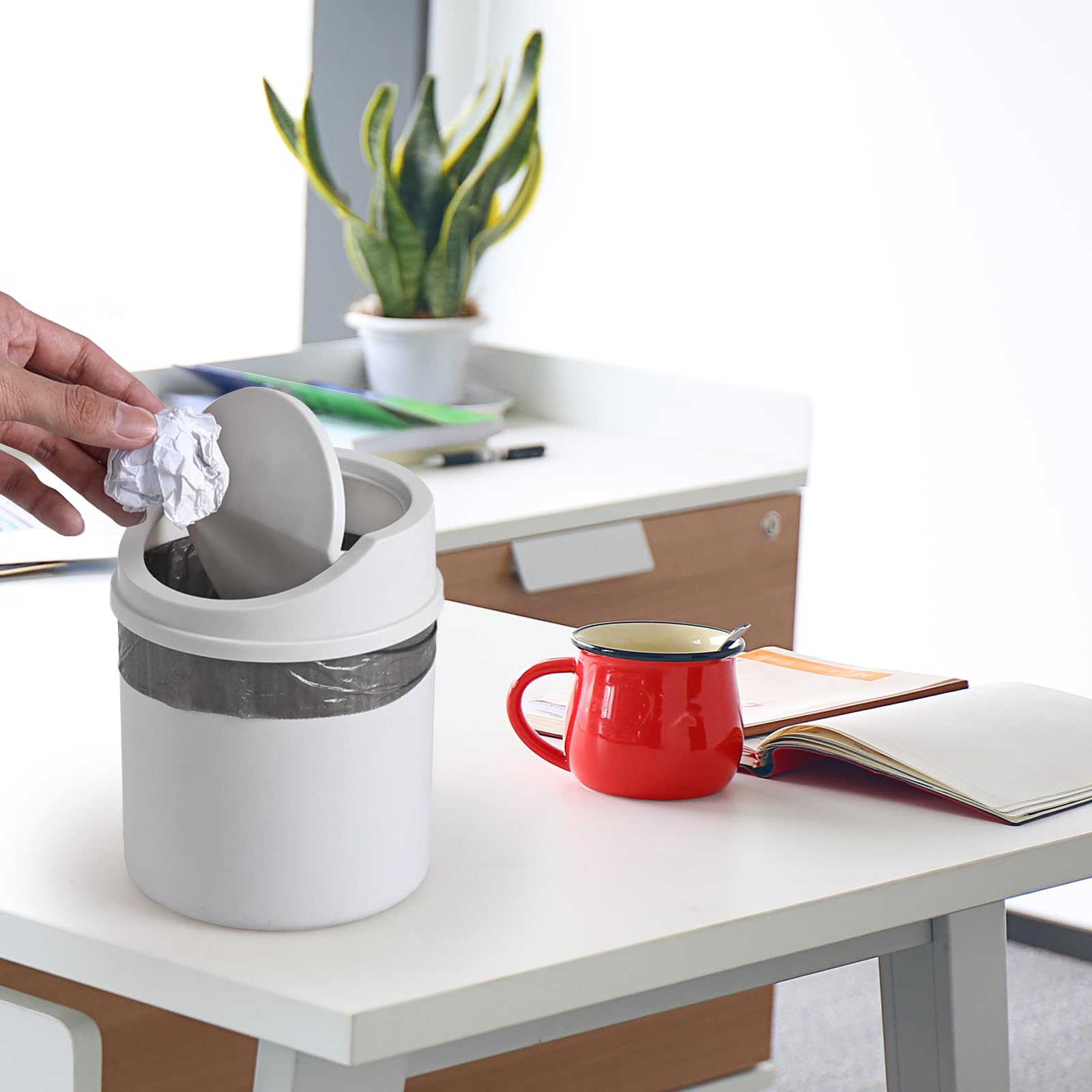 0.5 Gallon Small Trash Can with Swing Lid - Compact Mini Garbage Bin for Office Desk, Bathroom, Bedroom, Dorm Room - White Wastebasket for Home & Office Organization