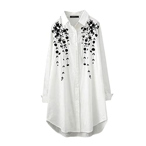Women's Long Sleeve Cotton Button Down Blouse - Soft Printed T-Shirt Top for Women (White, Size S) | Casual Office Wear, Layering Piece & Everyday Comfort