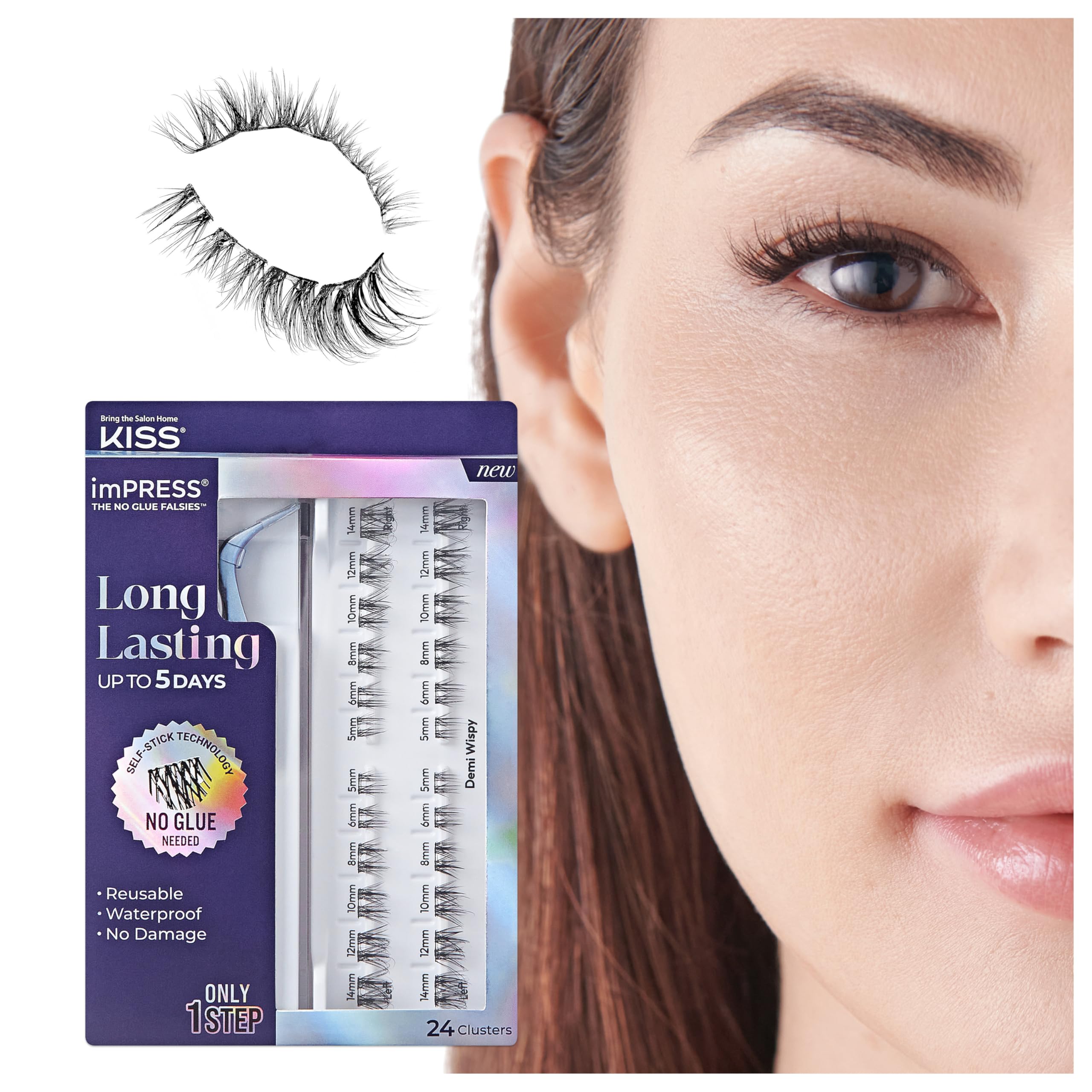 KISS imPRESS Falsies Long Lasting Self-Adhesive Eyelashes - Demi Wispy Style, 5-Day Wear, 24 Light Volume Lash Clusters (5-14mm) with Non-Stick Applicator | Perfect for Parties, Weddings & Daily Wear