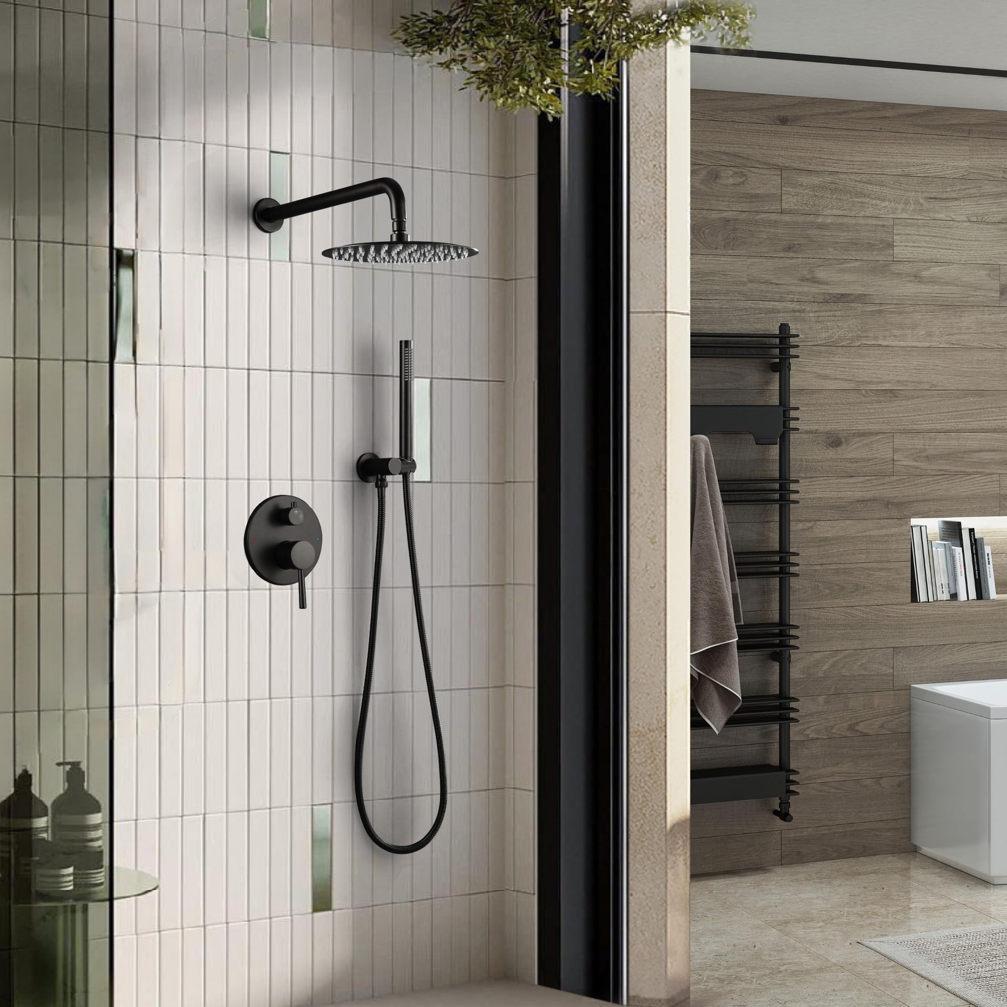 10 Inch Matte Black Shower Faucet Set - Wall Mount Brass Bathroom System with High-Pressure Rain Shower Head & Handheld Spray - Perfect for Modern Bathroom Renovation & Spa-Like Shower Experience