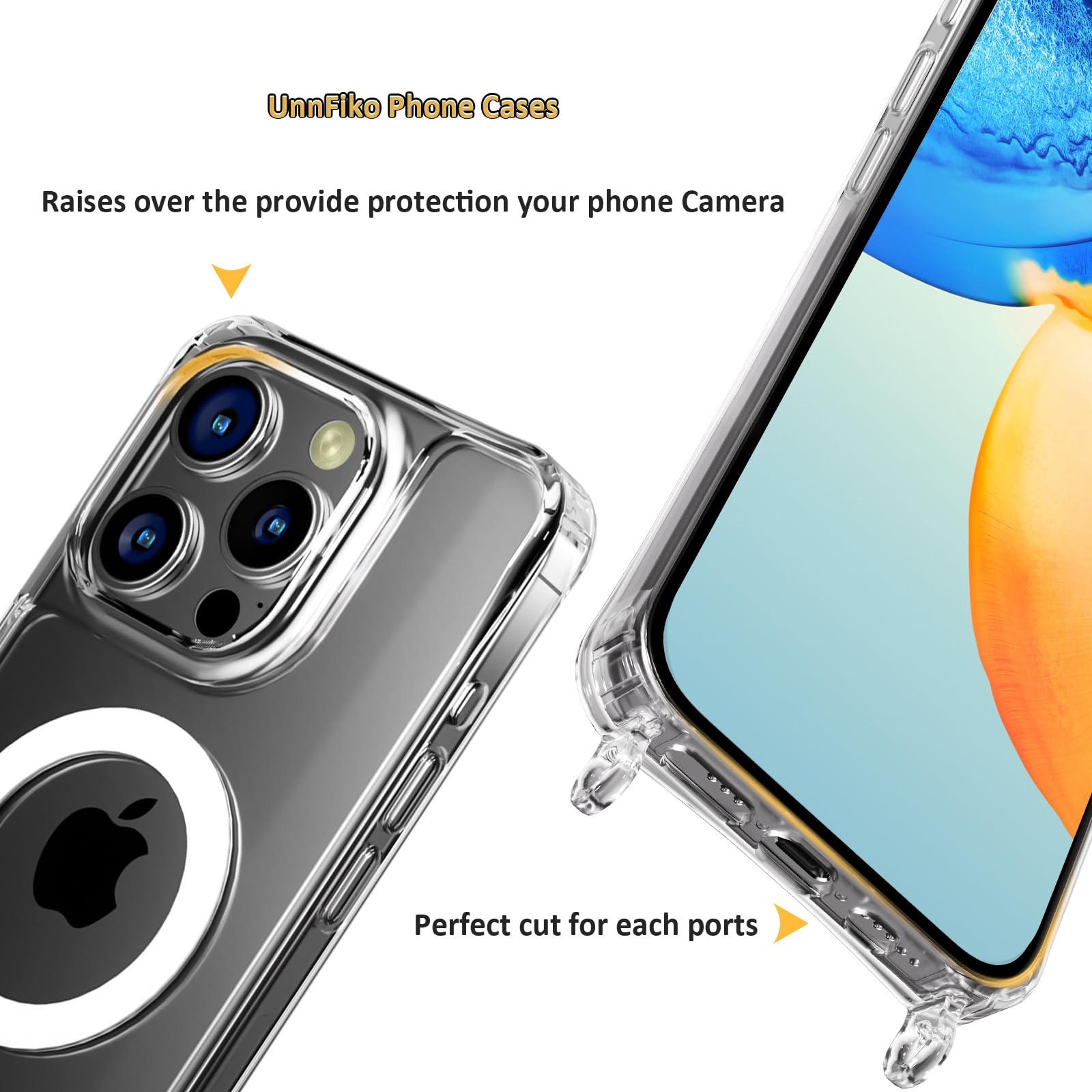 UnnFiko Magnetic Clear Case for iPhone 15 Pro Max - Magsafe Compatible, Shockproof Protection with Adjustable Shoulder Strap & Black Lanyard - Perfect for Travel, Shopping, and Hands-Free Daily Use