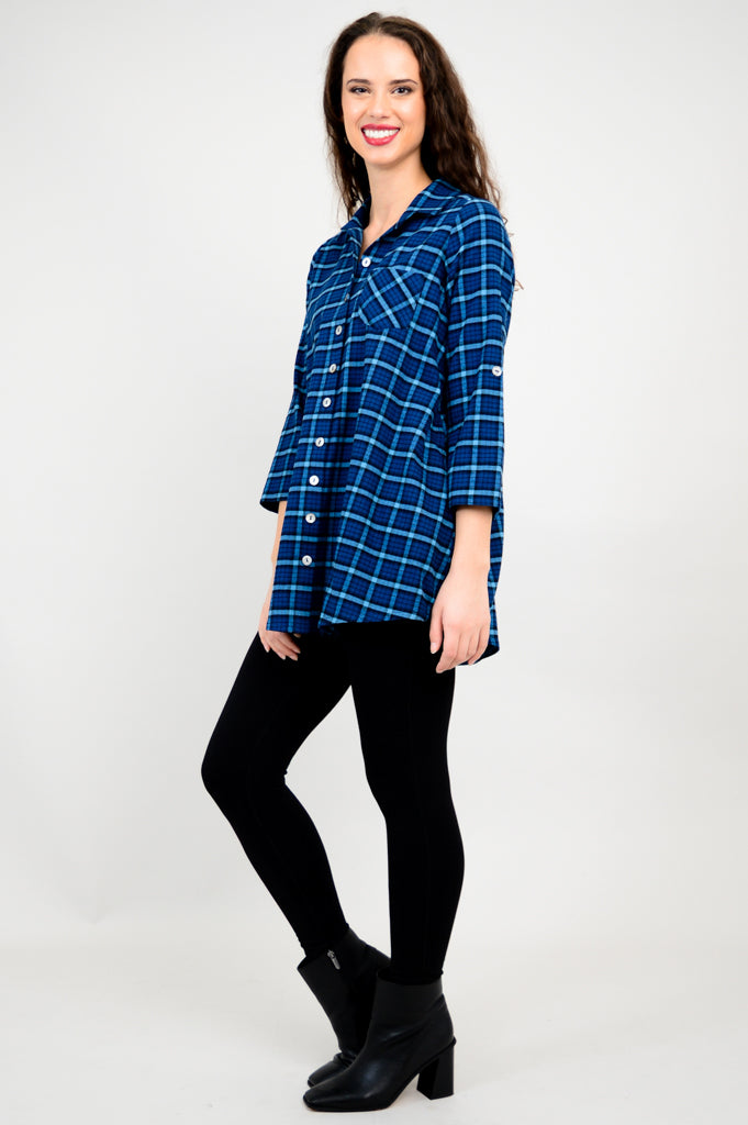 Celine Tunic - Blueberry Plaid Cotton Flannel Shirt for Women | Casual Fall & Winter Fashion | Perfect for Office, Date Night & Weekend Outings