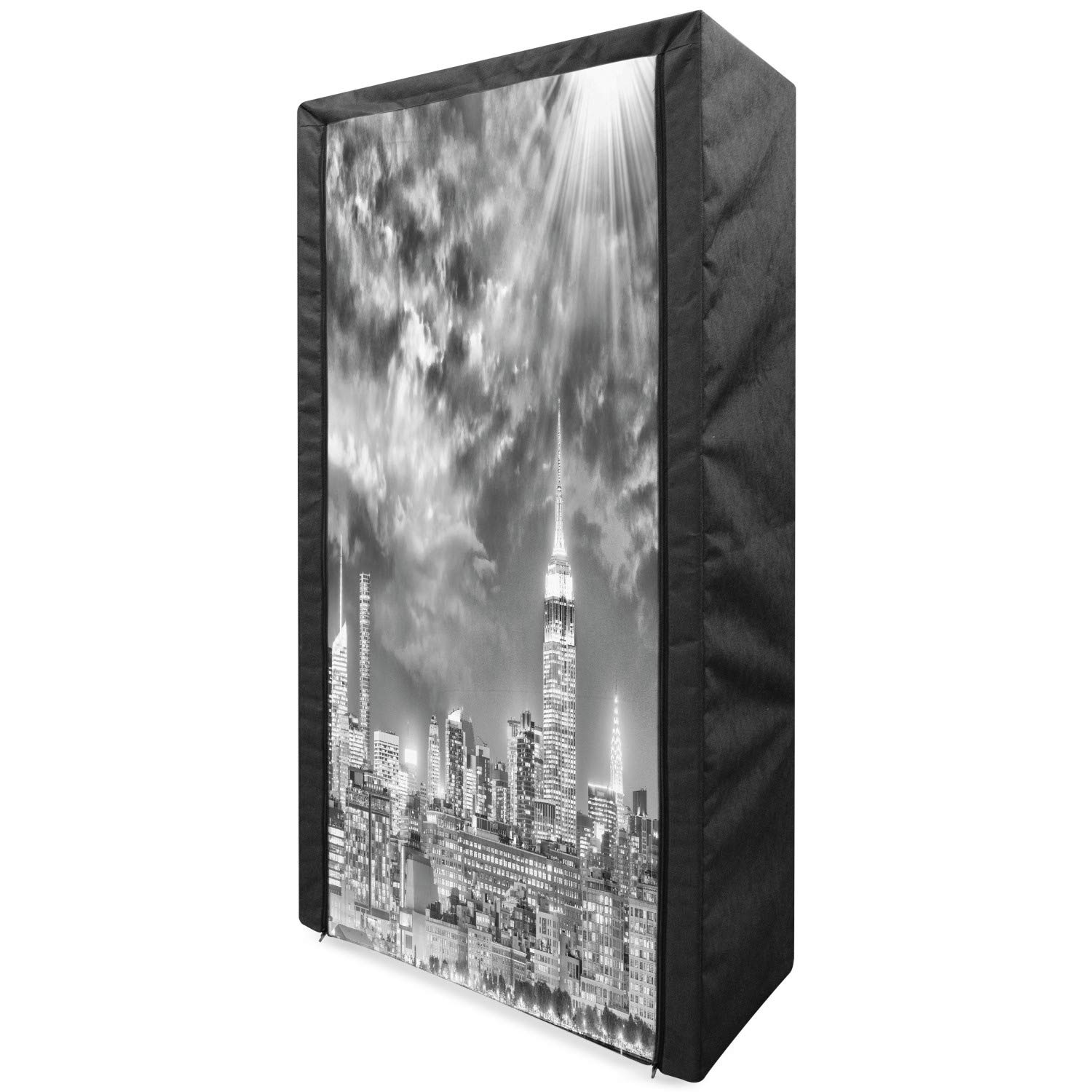 Ambesonne Urban Portable Fabric Wardrobe - New York City Skyline Monochrome Design, Clothing Organizer with Shelves, 33.5 Inch Black & White - Perfect for Small Spaces, Dorm Rooms, and Apartment Storage