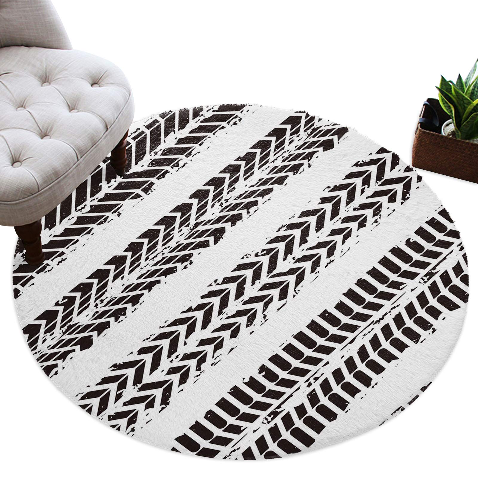 OUR DREAMS 4ft Round Fuzzy Plush Area Rug with Tire & Truck Print - Soft Shaggy Carpet for Kids Room, Playroom & Nursery - White & Black Furry Floor Mat for Boys & Girls - Perfect for Playtime, Bedroom Decor & Cozy Baby Room Flooring