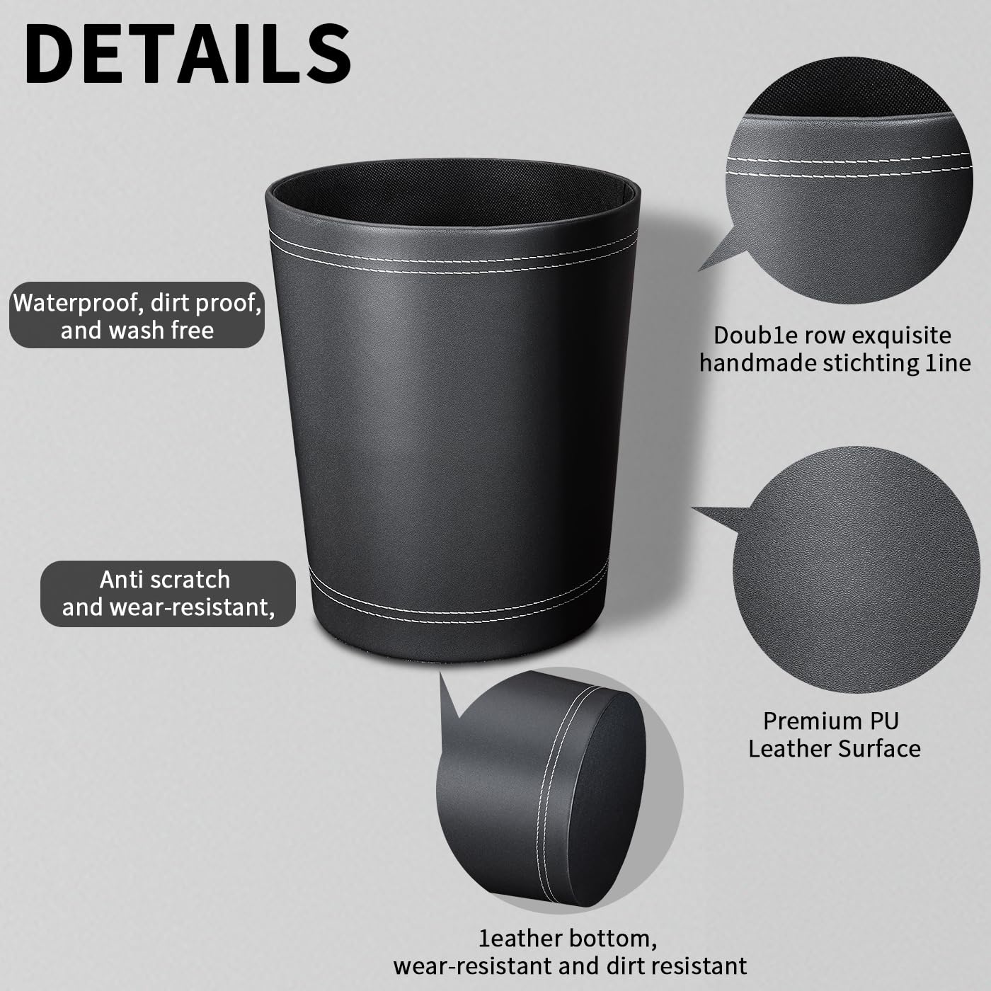 3 Pack Black Round PU Leather Wastebasket - Small Trash Can for Bathroom, Office, Bedroom & Kids Room | Home Decor Garbage Bin with Lid | Space-Saving Waste Paper Basket for Dorm, Kitchen & Living Room