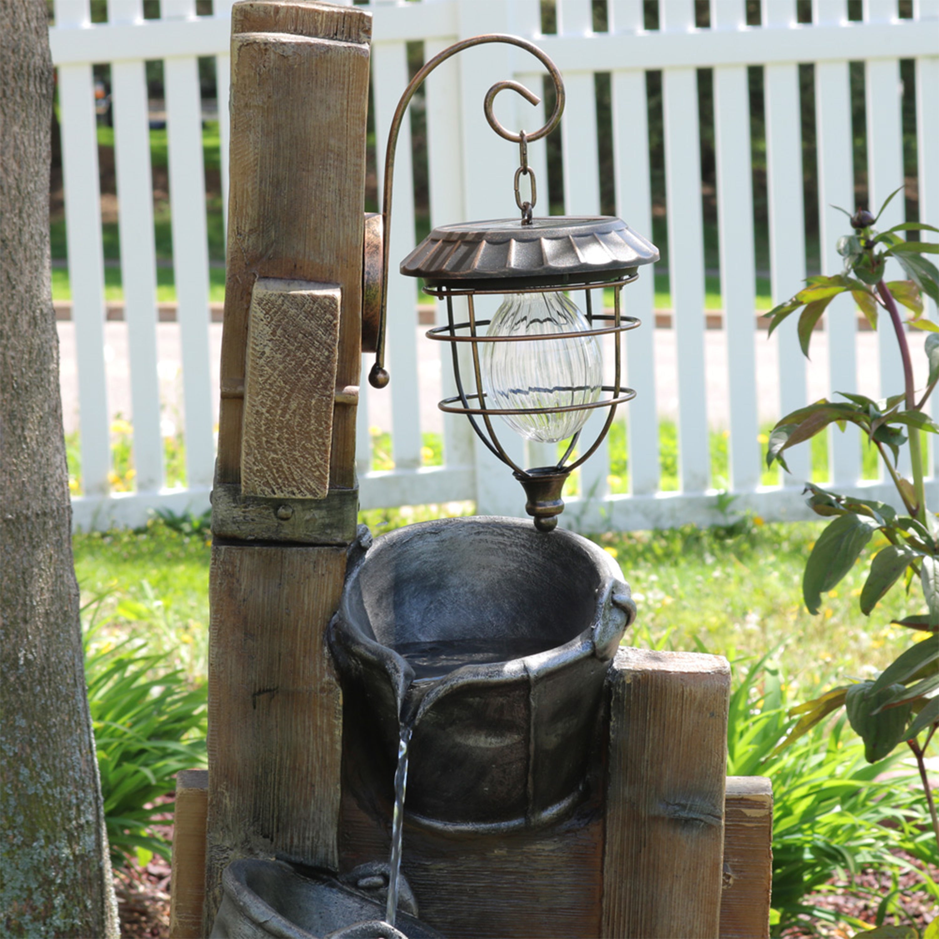 Sunnydaze Rustic Pouring Buckets Outdoor Fountain with Solar Lantern - 34 Inch Garden Water Feature for Patio, Yard & Landscaping Decor