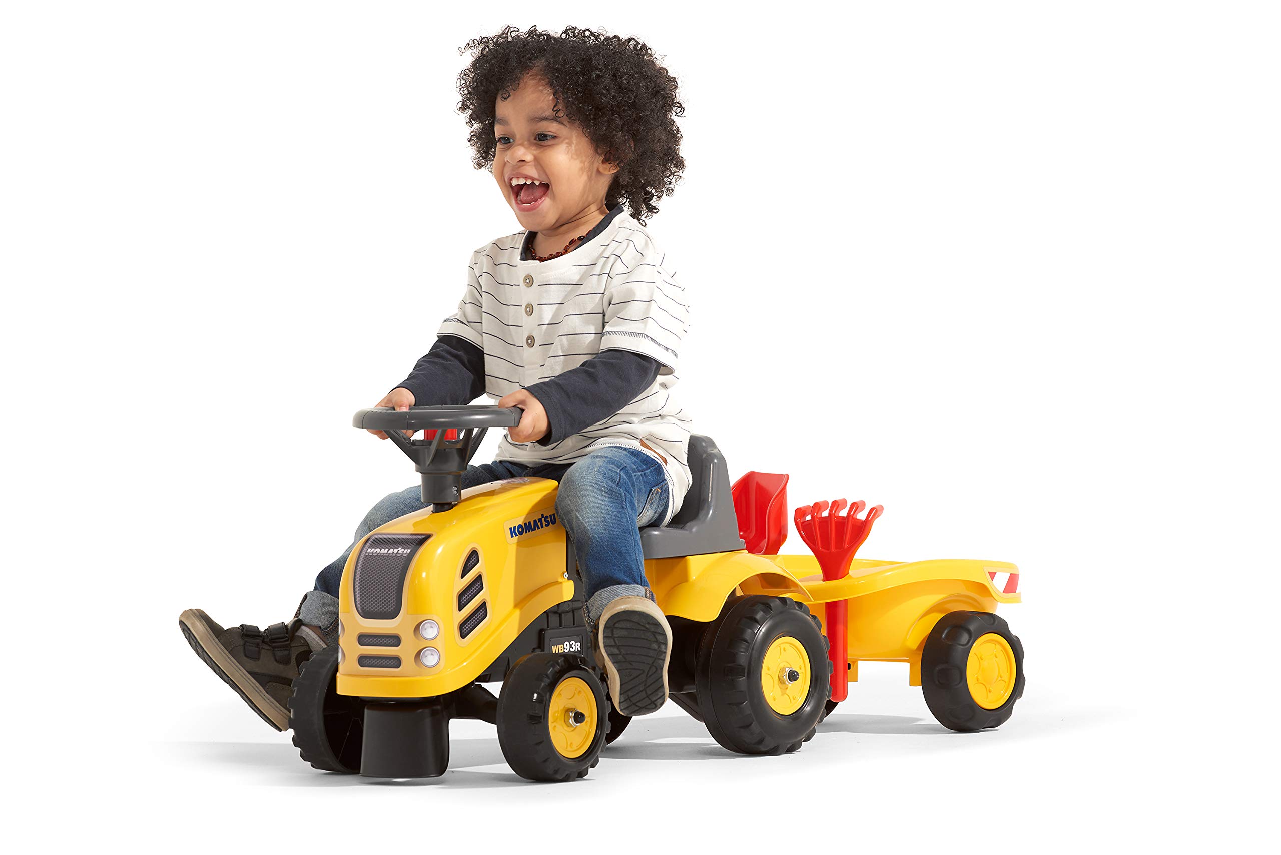 Komatsu Tractor Toy with Trailer, Rake & Shovel - 2 Sticker Sets - Push Ride-On Toy for Toddlers 1+ Years - FA286C - Fun Farm & Construction Pretend Play for Kids