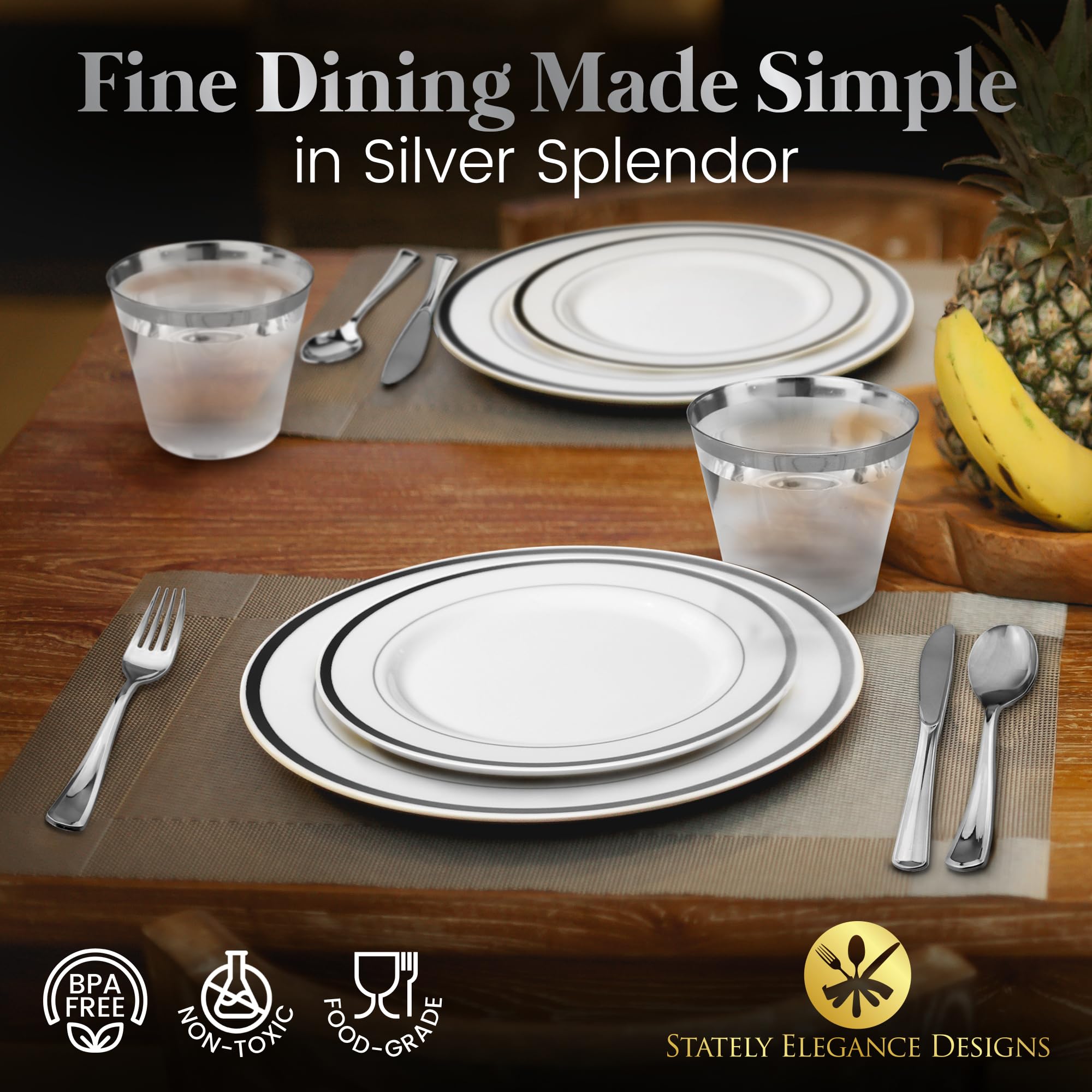 Premium 600-Piece Silver Dinnerware Set - 200 White & Silver Plastic Plates, 300 Silver Plastic Cutlery, 100 Silver Plastic Cups - Elegant Disposable Tableware for Weddings, Parties & Events (Serves 100 Guests) - Perfect for Bridal Showers, Banquets & Catering Services
