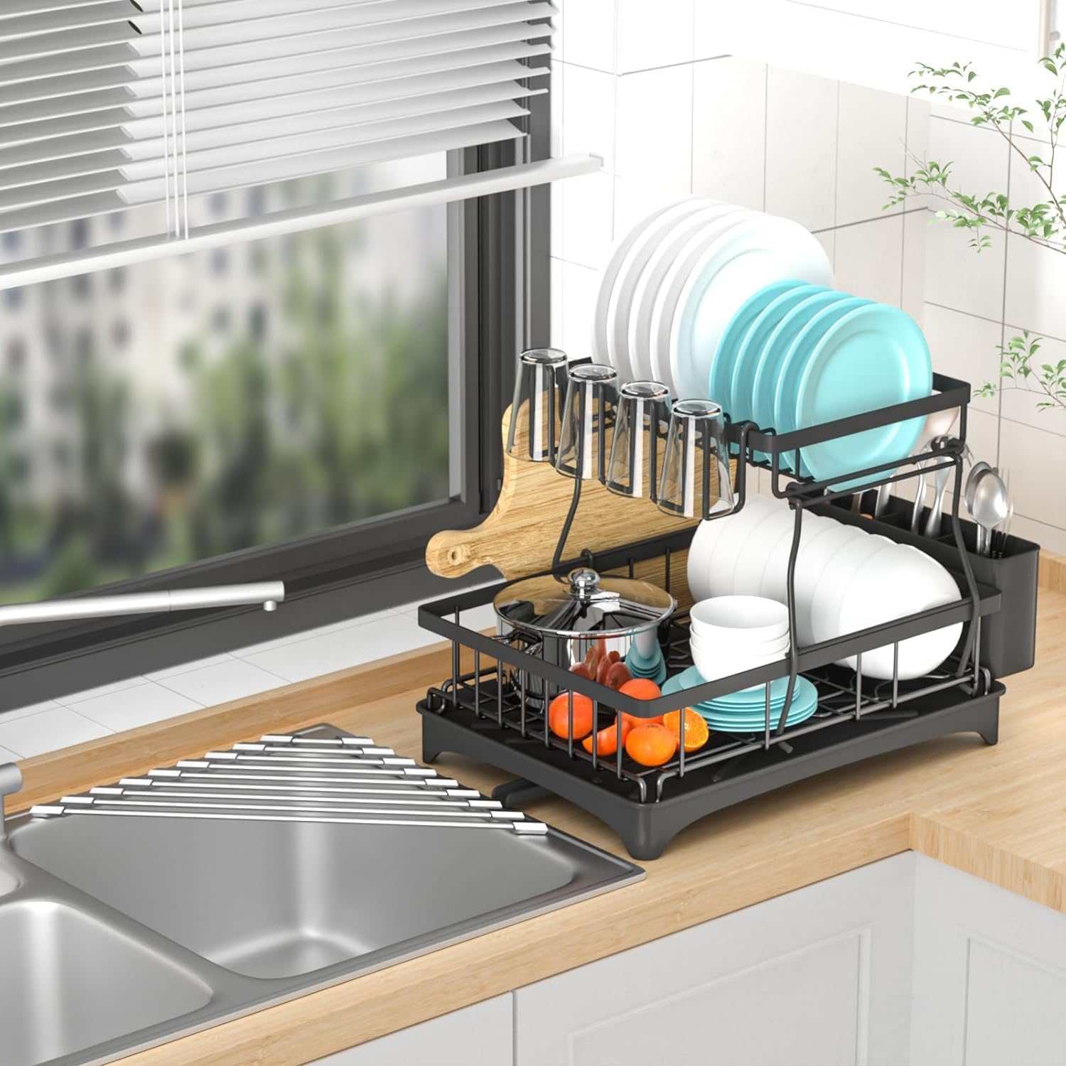 Stainless Steel Over Sink Dish Drying Rack - 2 Tier Adjustable Large Dish Drainer for Kitchen Counter Organization | Space Saving Storage Solution | Perfect for Small Kitchens, Apartments & RV Use (Model RK-281)