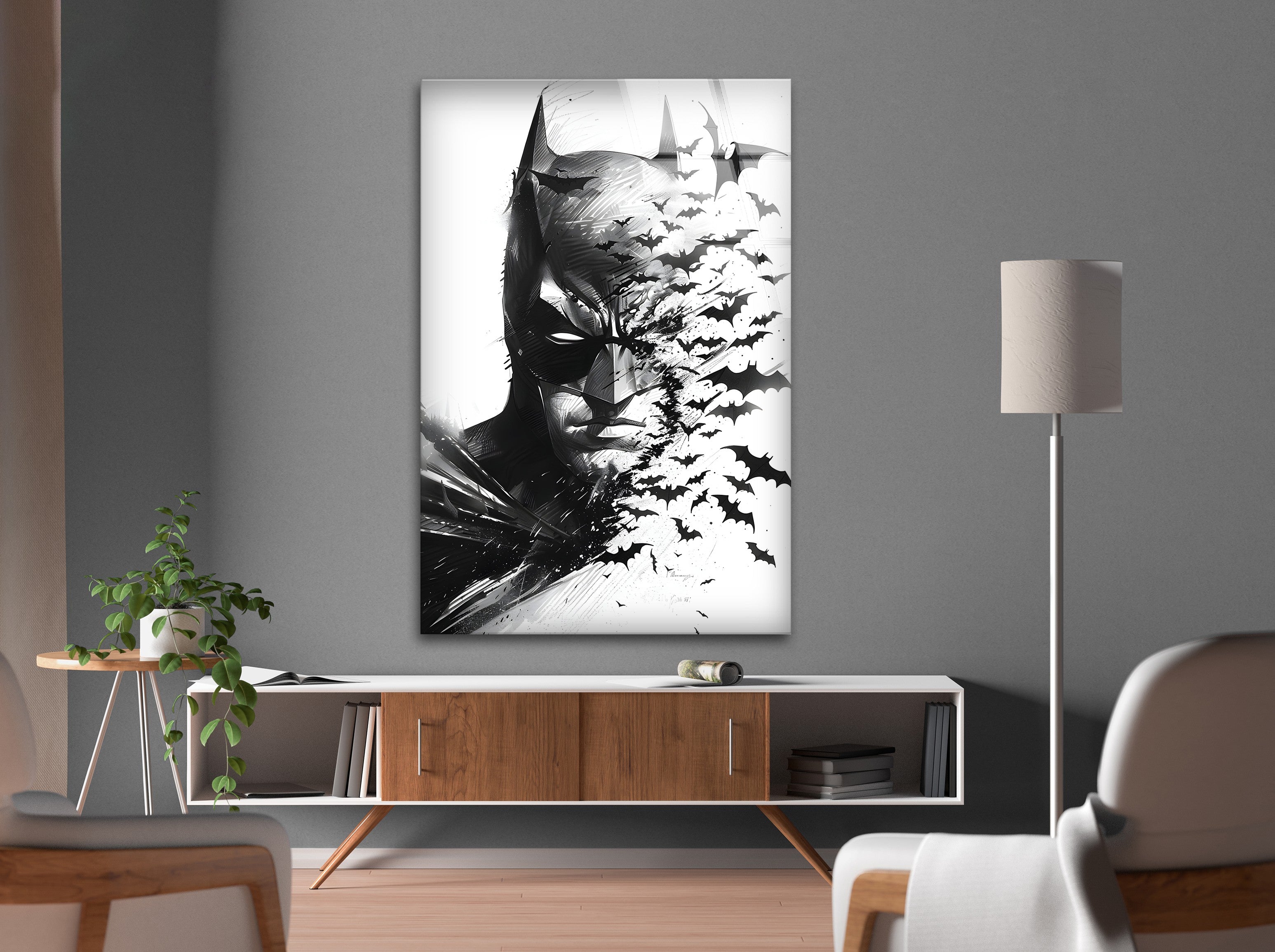 Batman Black and White Portrait Wall Art - Gothic Superhero Decor with Bats on Glass - Perfect for Man Cave, Home Theater & Superhero Bedroom Decor