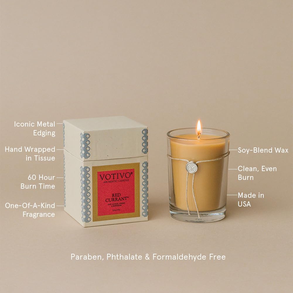 Votivo Red Currant 6.8 oz Aromatic Soy Wax Candle in Luxury Glass Jar - Long Lasting, Highly Scented Home Fragrance for Living Room, Bedroom & Bathroom | Perfect Candle Gift Set with Elegant Box