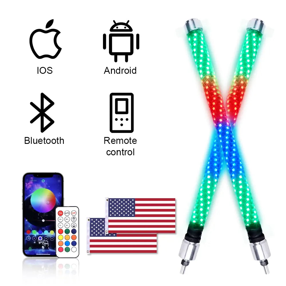 LOYO Spiral RGB Chasing Fat Whip Lights with Flags - Bluetooth APP & Remote Control for Cars, Trucks, Motorcycles | Perfect for Night Rides, Car Shows & Outdoor Parties