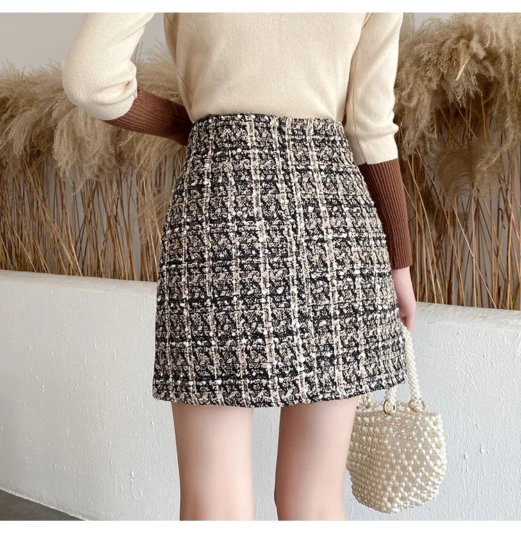Women's Fall Winter Plaid Tweed Mini Skirt - Thick Woolen Glitter Skirt with Pearl Buttons & Front Pockets | Perfect for Office, Party, and Holiday Outfits