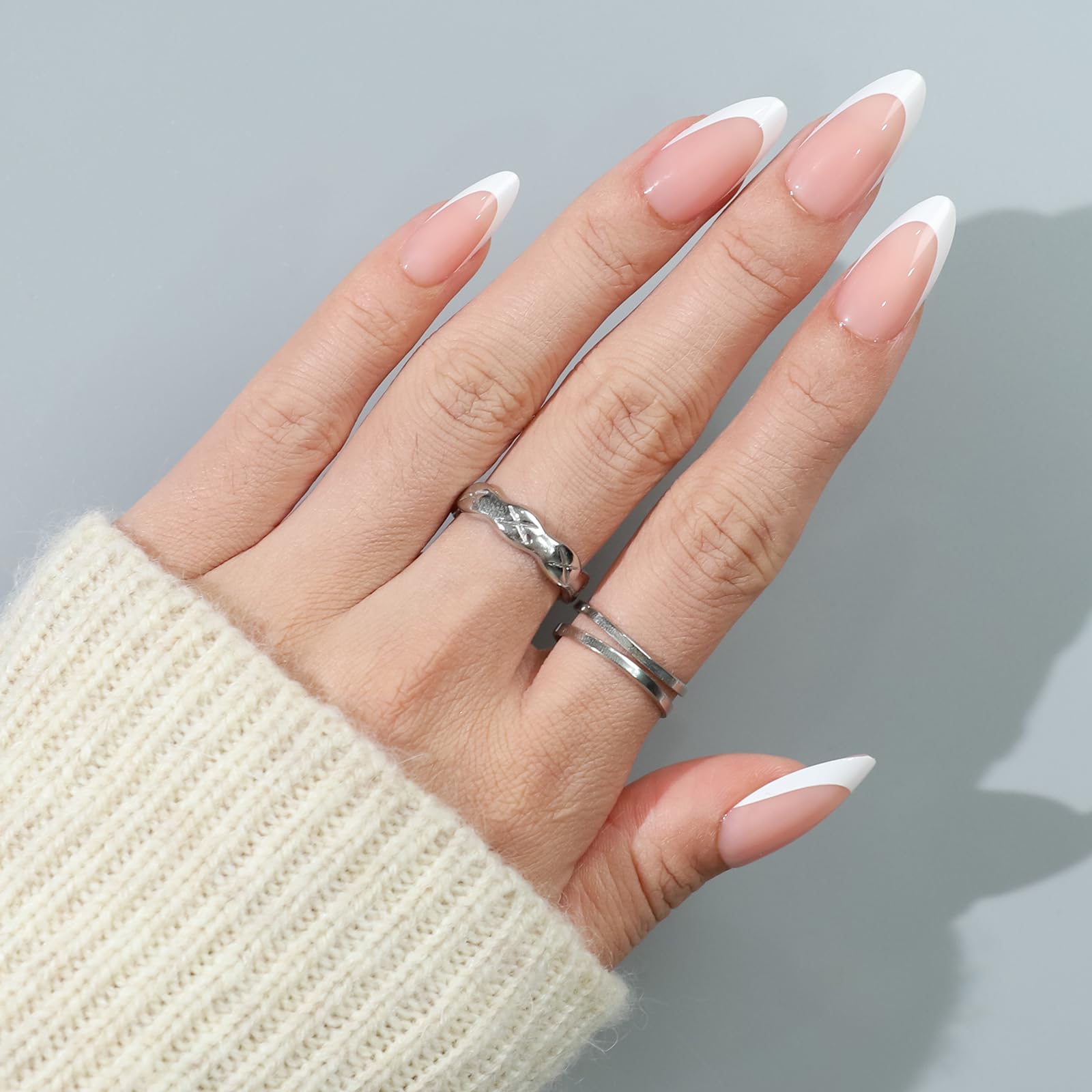32 PCS Long Almond Nude Press on Nails - French Tip Gel Fake Nails Kit with Glue, 16 Sizes Reusable False Nails for Women, Includes Mini Nail File | Perfect for Parties, Weddings, and Everyday Glam