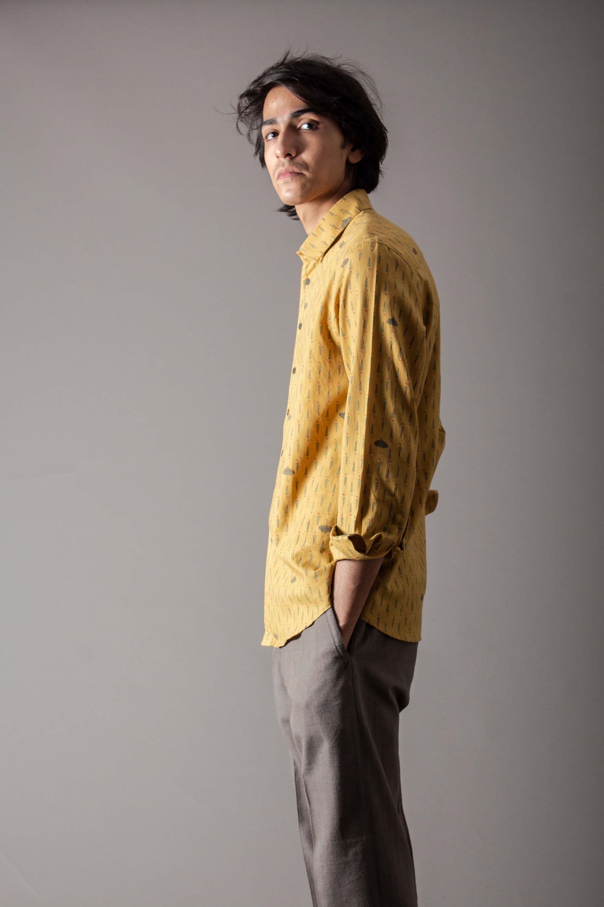 Classic Mustard Yellow Handwoven Cotton Shirt Umbrella - Perfect for Outdoor Events, Beach Trips, and Rainy Days