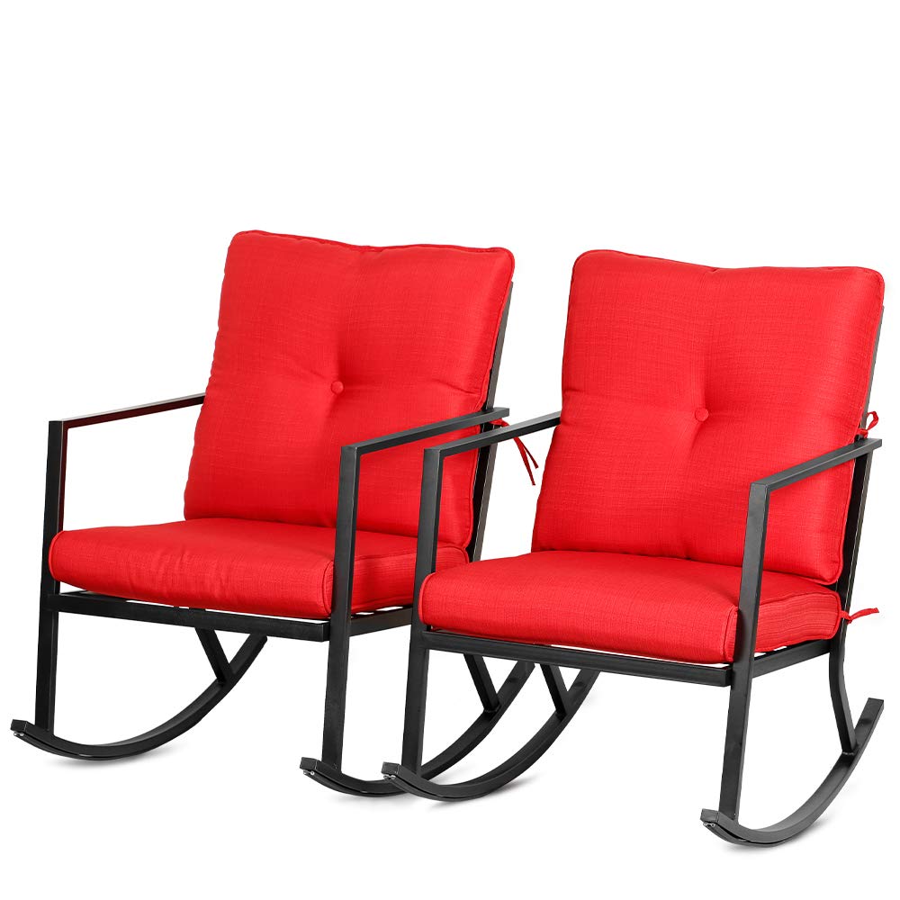 BALI OUTDOORS 2-Piece Patio Rocking Chair Set with Thick Red Cushions & Black Steel Frame - Modern Outdoor Rocker Furniture for Garden, Porch, Backyard Relaxation