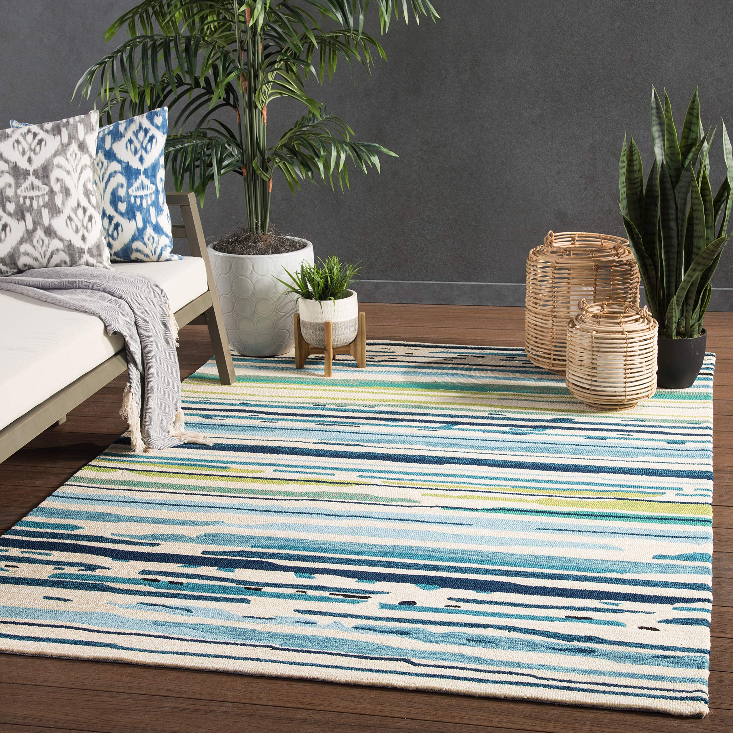 Jaipur Living 5x8 Outdoor Area Rug - Blue & Green Striped Patio Rug for Deck, Balcony, or Backyard Decor