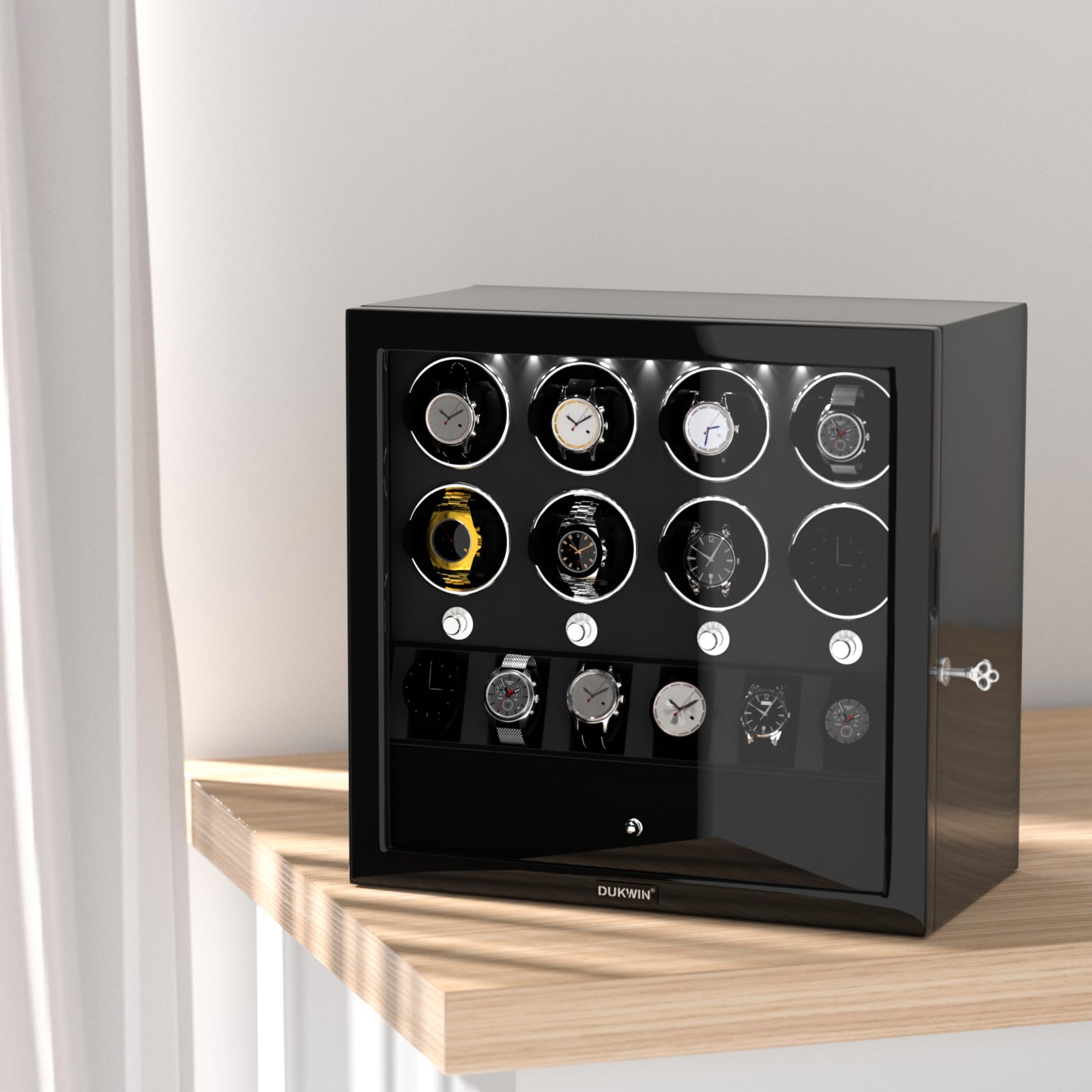 Premium DUKWIN Watch Winder for 2/4/6/8 Automatic Watches - Lockable Luxury Watch Box with Jewelry Storage | Super Quiet Mabuchi Motor, High-Gloss Piano Finish & LED Lighting | Perfect for Watch Collectors, Travel & Home Display