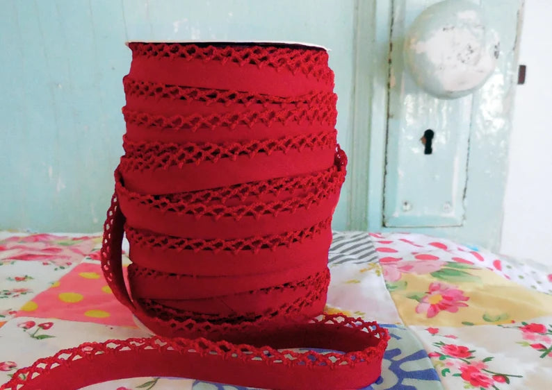 Red Solid Double Fold Lace Bias Tape by the Yard - Perfect for Sewing, Quilting, and DIY Garment Trims
