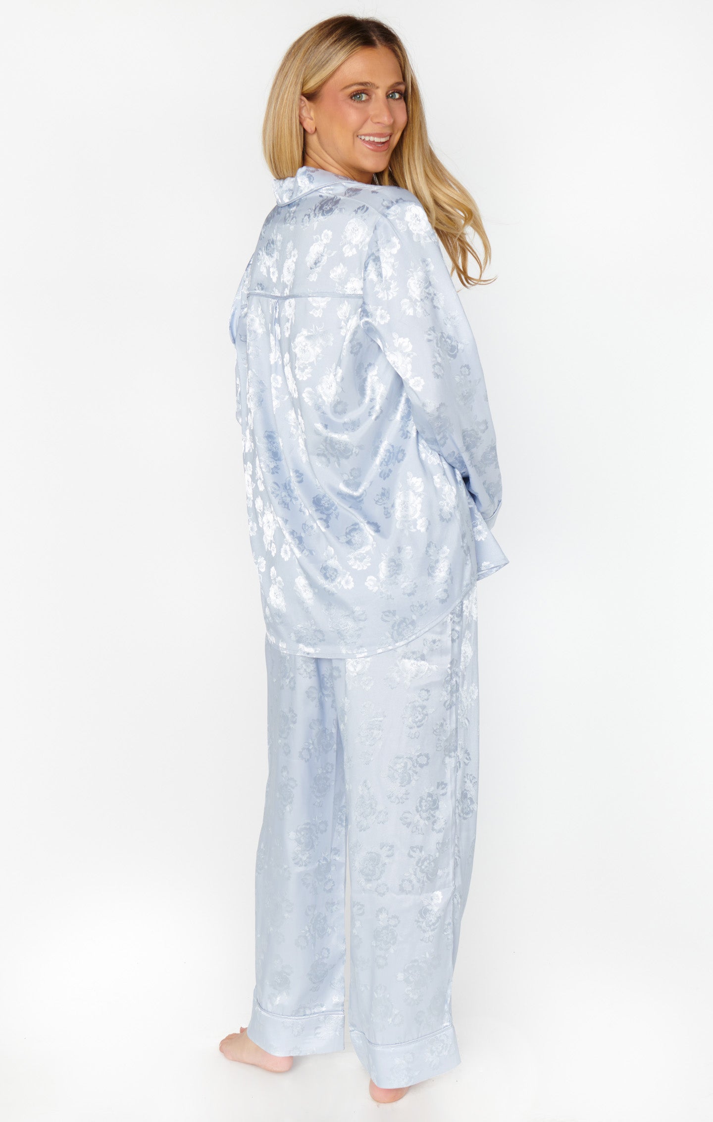 Classic Cropped Pajama Set - Blue Floral Silk Sleepwear for Women | Soft & Comfortable Nightwear for Lounge, Travel & Relaxation
