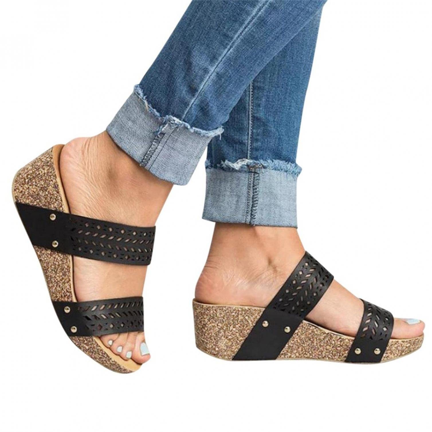 Women's Summer Wedge Sandals - Open Toe Slip-On Casual Shoes with Hollow Out Design for Beach & Outdoor Wear | Breathable Comfort for Walking, Travel & Vacation
