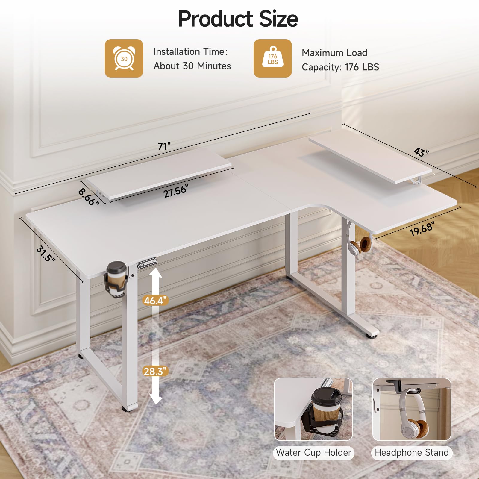 Electric L-Shaped Standing Desk 71x43 Inches - Dual Motor Adjustable Height (28-46