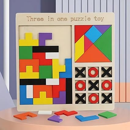 Snapstrike Wooden Tangram Puzzle Game Set - Tic Tac Toe, XO Chess & 3-in-1 Building Blocks for Kids | Educational STEM Toys for Early Learning | Perfect for Classroom, Travel & Family Game Night
