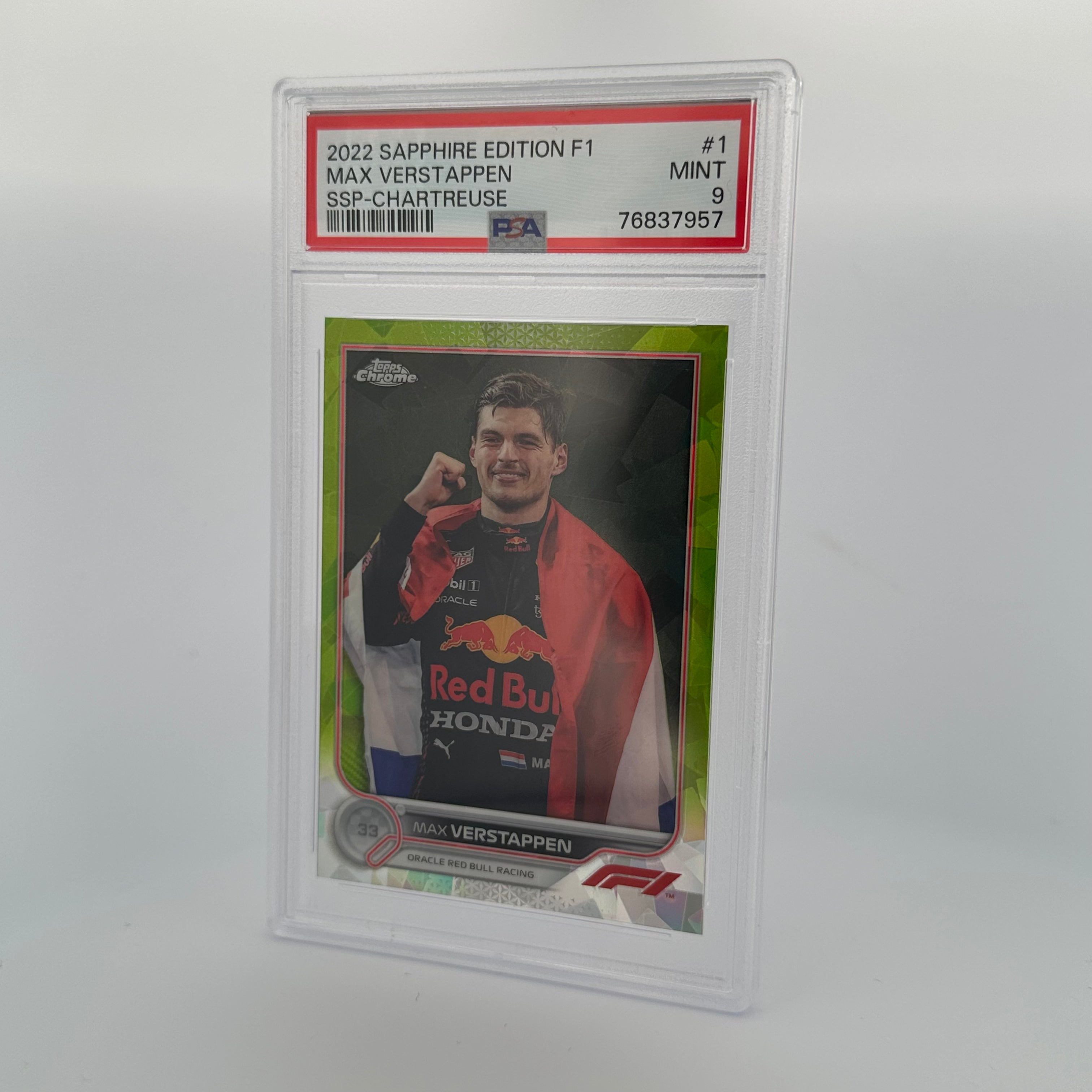 PSA 9 MAX VERSTAPPEN #1 035/199 SAPPHIRE EDITION SSP CHARTREUSE - Rare Trading Card for Collectors & Sports Memorabilia Enthusiasts - Perfect for Display, Investment & Racing Fans