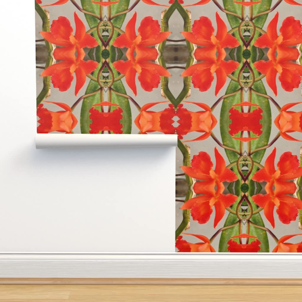 Removable Wallpaper 12ft x 2ft - Orange Green Gray Exotic Floral Peel and Stick Wallpaper | Custom Pre-Pasted Wall Covering for Bedroom, Living Room, Nursery & Home Decor by Spoonflower