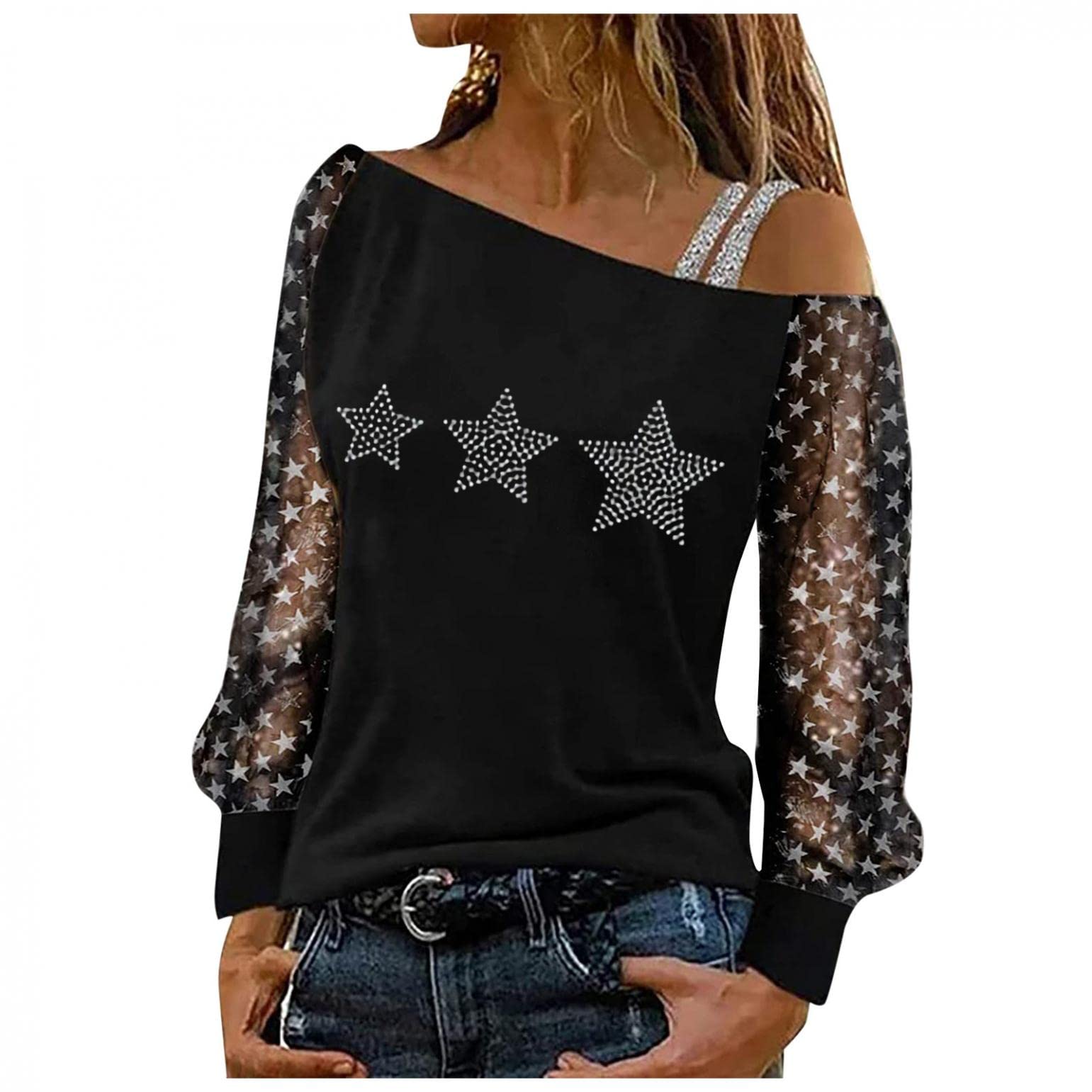 Sexy Cold Shoulder Lace Long Sleeve Blouse for Women - Floral Print Fashion Tunic Top for Party, Date Night & Casual Wear