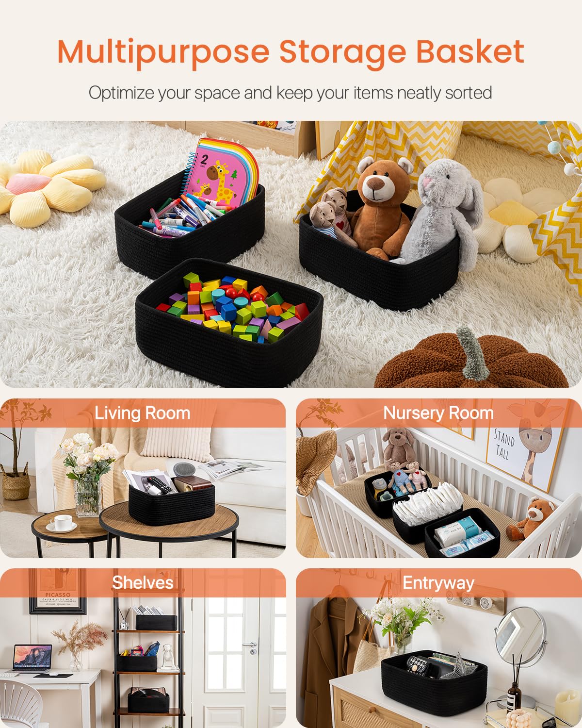 KALLAX Small Woven Storage Basket - 13.5 x 9.5 x 5 Inches, 3-Pack Black Rope Organizer Bins for Shelves, Closet & Cube Storage | Perfect for Home Organization, Pet Toy Storage & Gift Baskets