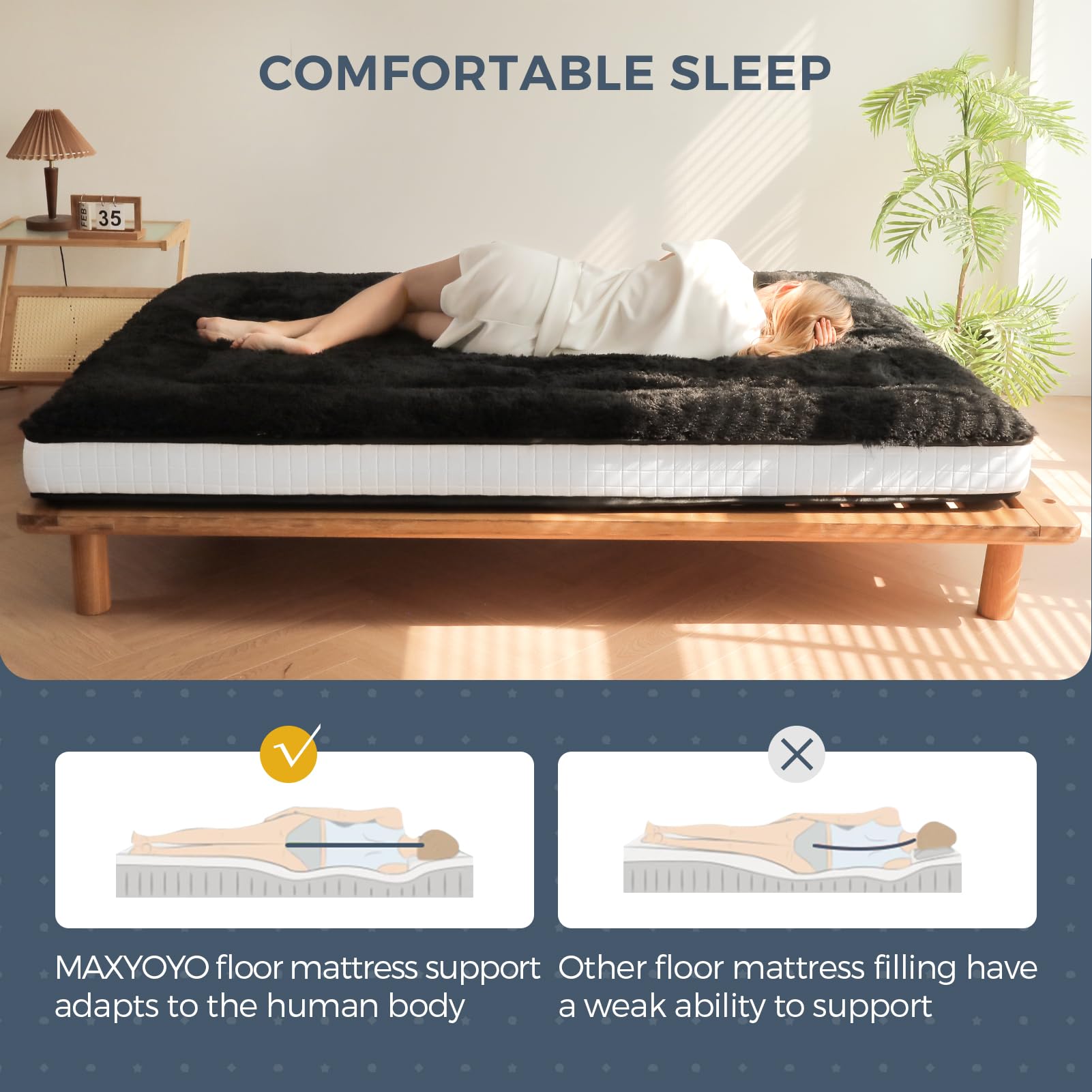 6 Inch Extra Thick Fluffy Floor Futon Mattress - Queen Size Plush Sleeping Pad for Adults | Super Soft Portable Japanese Style Guest Bed | Perfect for RV, Camping & Home Use | Black