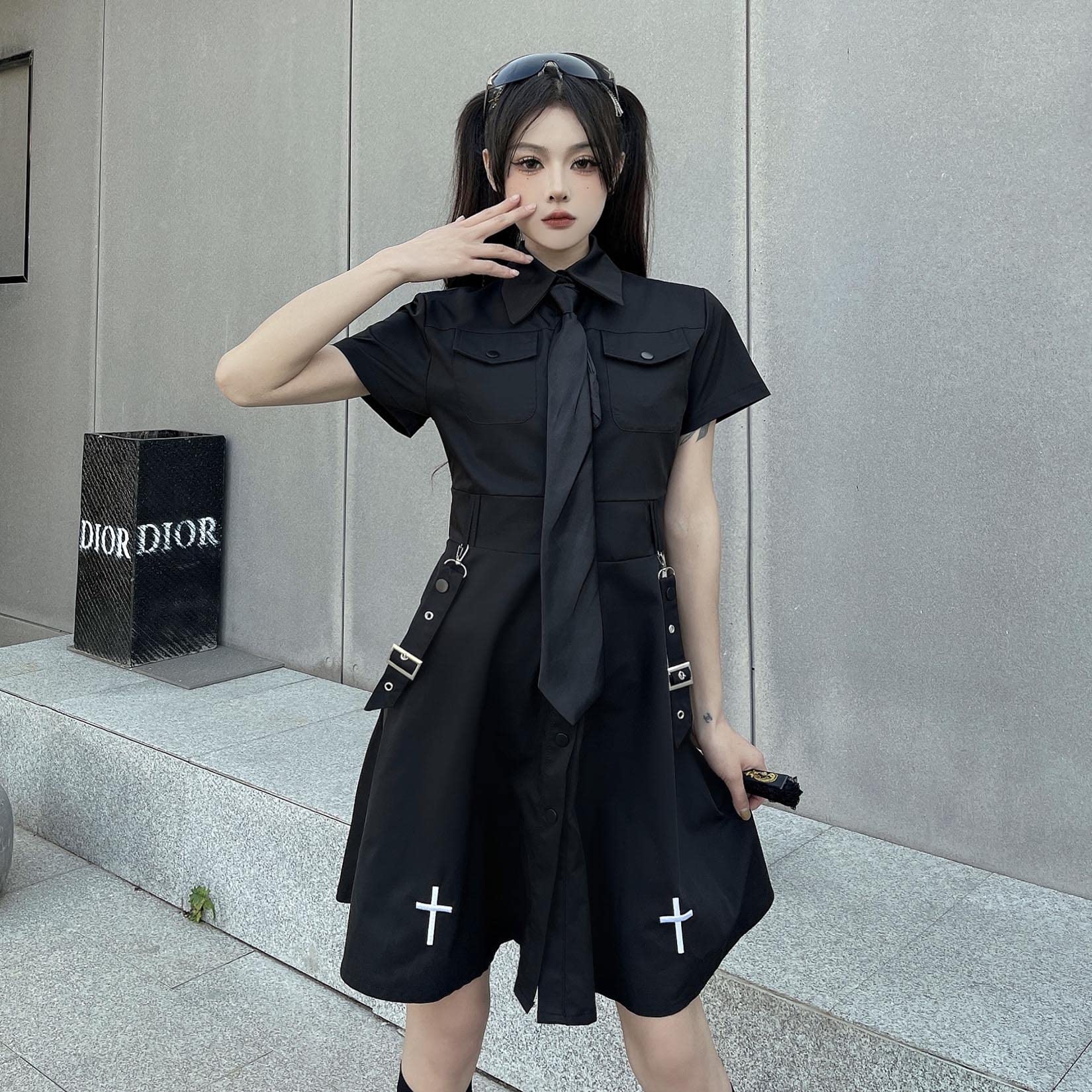 Gothic Black Dress for Women - Summer Academy Style with Tie Cross Detail - Retro Harajuku Emo Fashion - Perfect for Parties, Concerts, and Gothic Events
